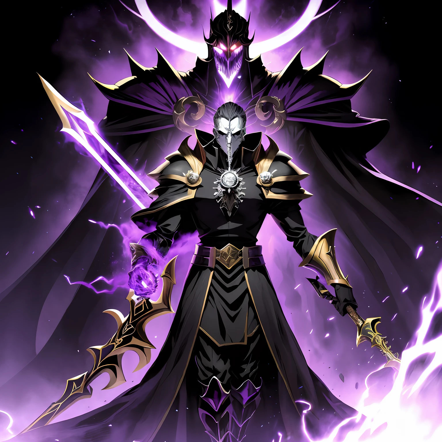 a close up of a toguro100 person with a sword and a purple cloak, ainz ooal gown, overlord!!!, overlord, de overlord, beautiful male god of death, overlord Temporada 4, king of time reaper, offcial art, portrait of the god of death, the king of death, Ish, Albedo do anime overlord, death god,((((Side view)))),(full body of a toguro100 person with a sword and a purple cloak, Ainz Ooal Dress, overlord!!!, overlord, por overlord, beautiful male god of death, overlord Temporada 4, king of time reaper, offcial art, portrait of the god of death, the king of death, Ish, Albedo do anime overlord, death god) , dynamic dark fantasy dinner table, Character firing black magic from his hand, vortex, particuls, in action, (((View of the entire dinner)))