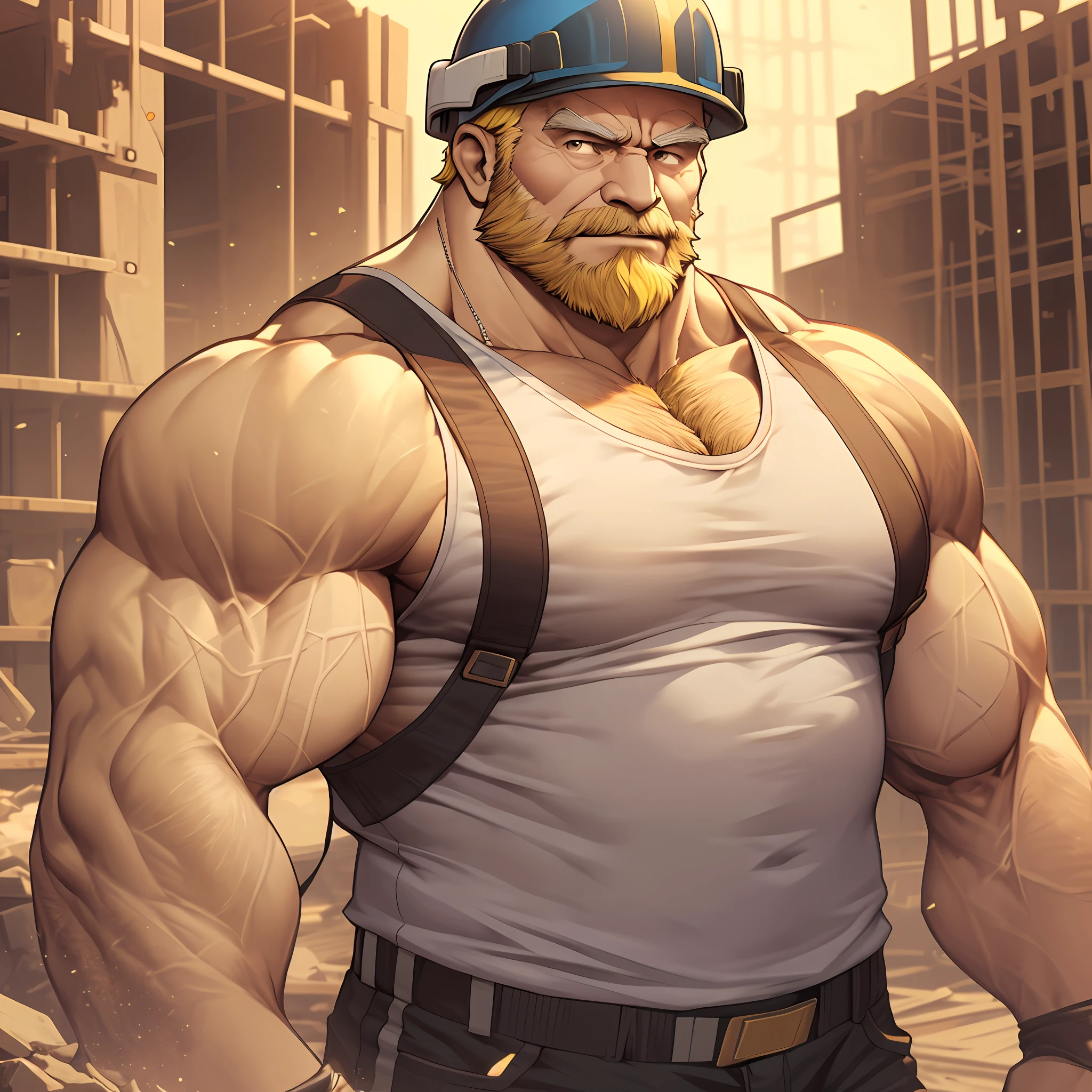 A huge muscular old man walking on construction site he shouldered a heavy iron, he wear safety helmets and wear tank top, (old man (huge muscular, big arm, big chest, big pec, big bicep, extremely detailed muscle, short hair, bearded, yellow hair))