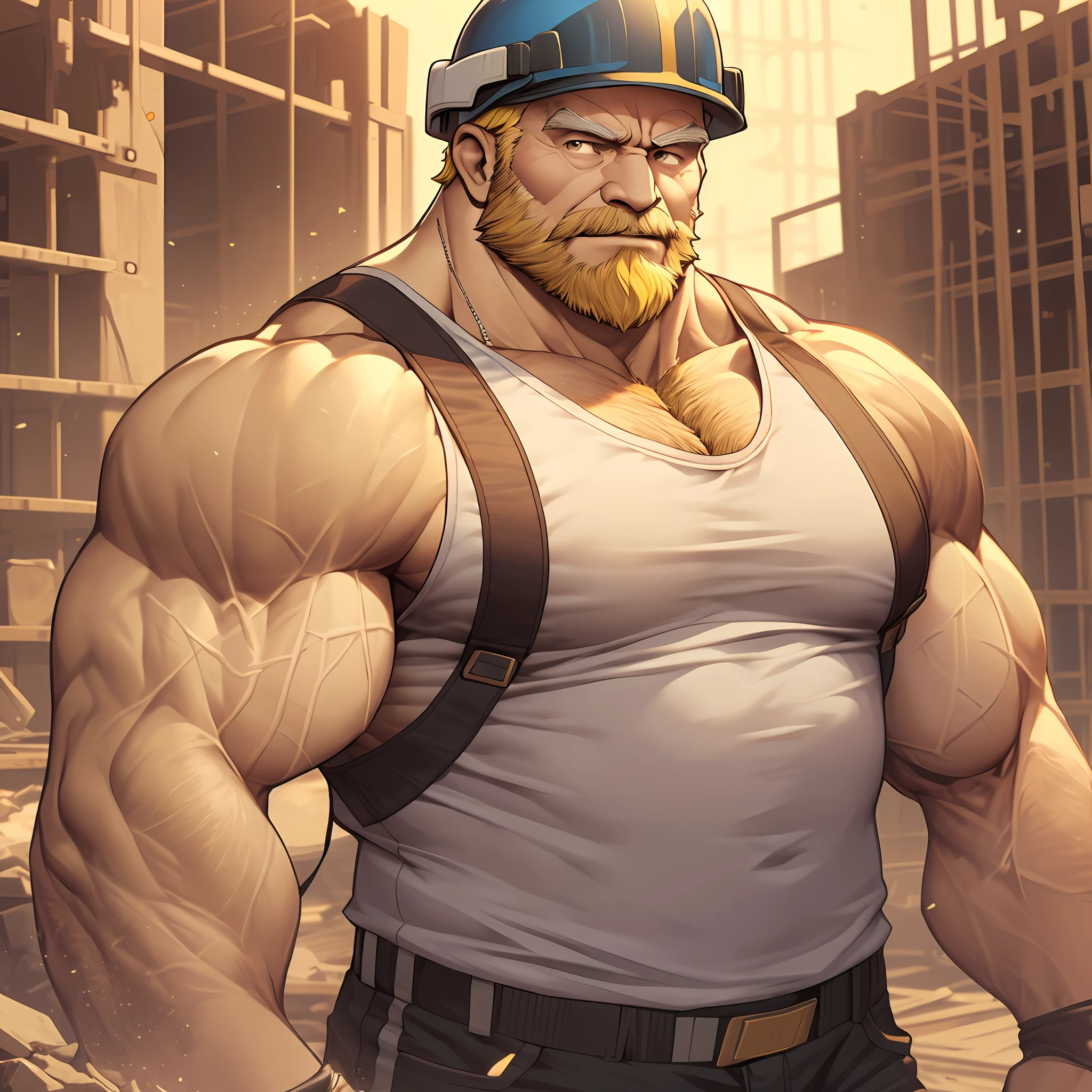 A 거대한 근육질 노인 walking on construction site he shouldered a heavy iron, 그는 안전 헬멧을 착용하고 탱크 탑을 착용합니다, (노인 (거대한 근육질, 큰 팔, 큰 가슴, 큰 근육, 큰 이두근, 매우 섬세한 근육, 짧은 머리, 수염이 있는, 노란 머리))