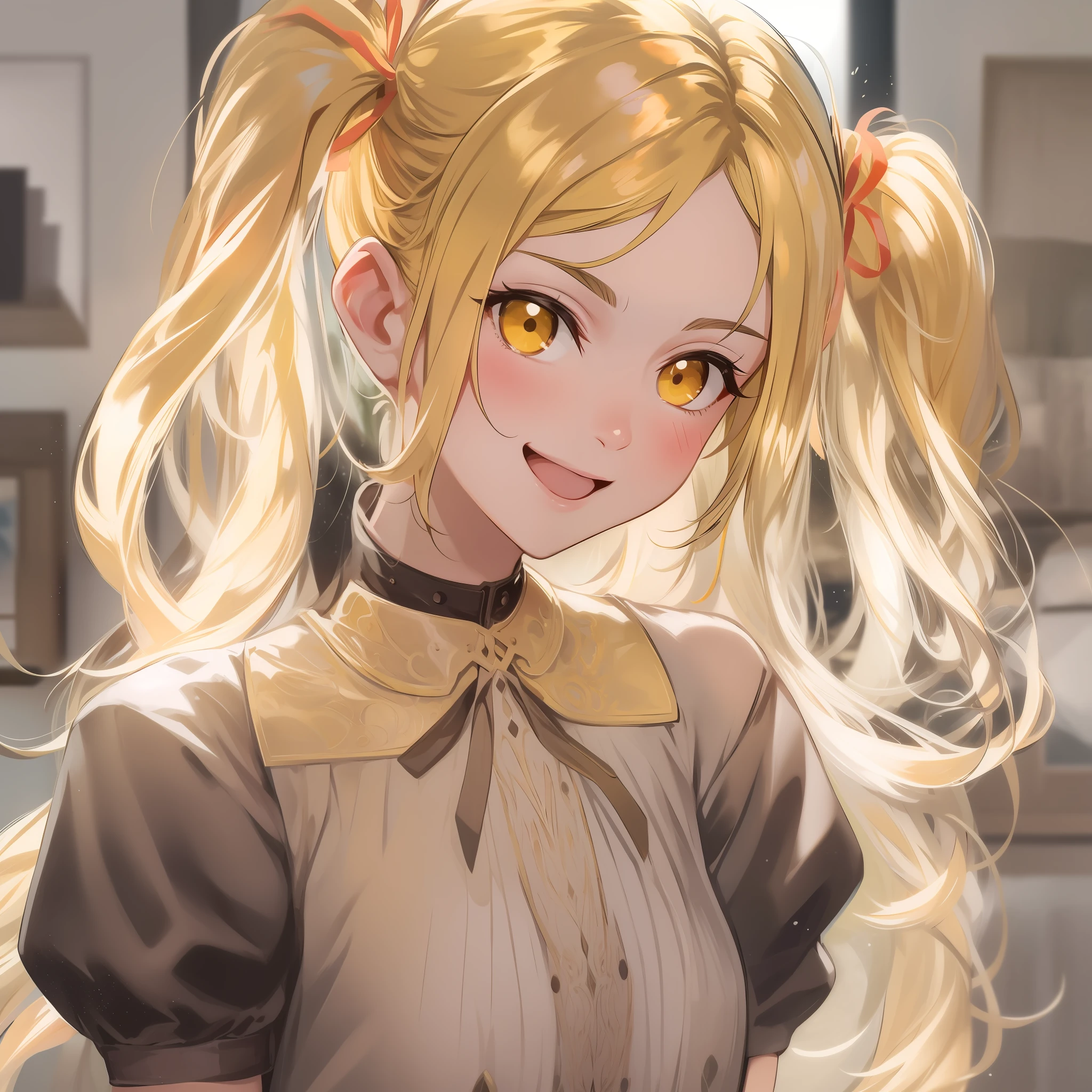 twintails, yellow hair, olhos perfeitos, Olhos bonitos, 1Menina, cabelo detalhado, sorriso discreto, corpo inteiro, cabelos loiros, vestido branco, Calcinha Branca, (master part), high-resolution, pele detalhada, ultra-detalhado, transparent