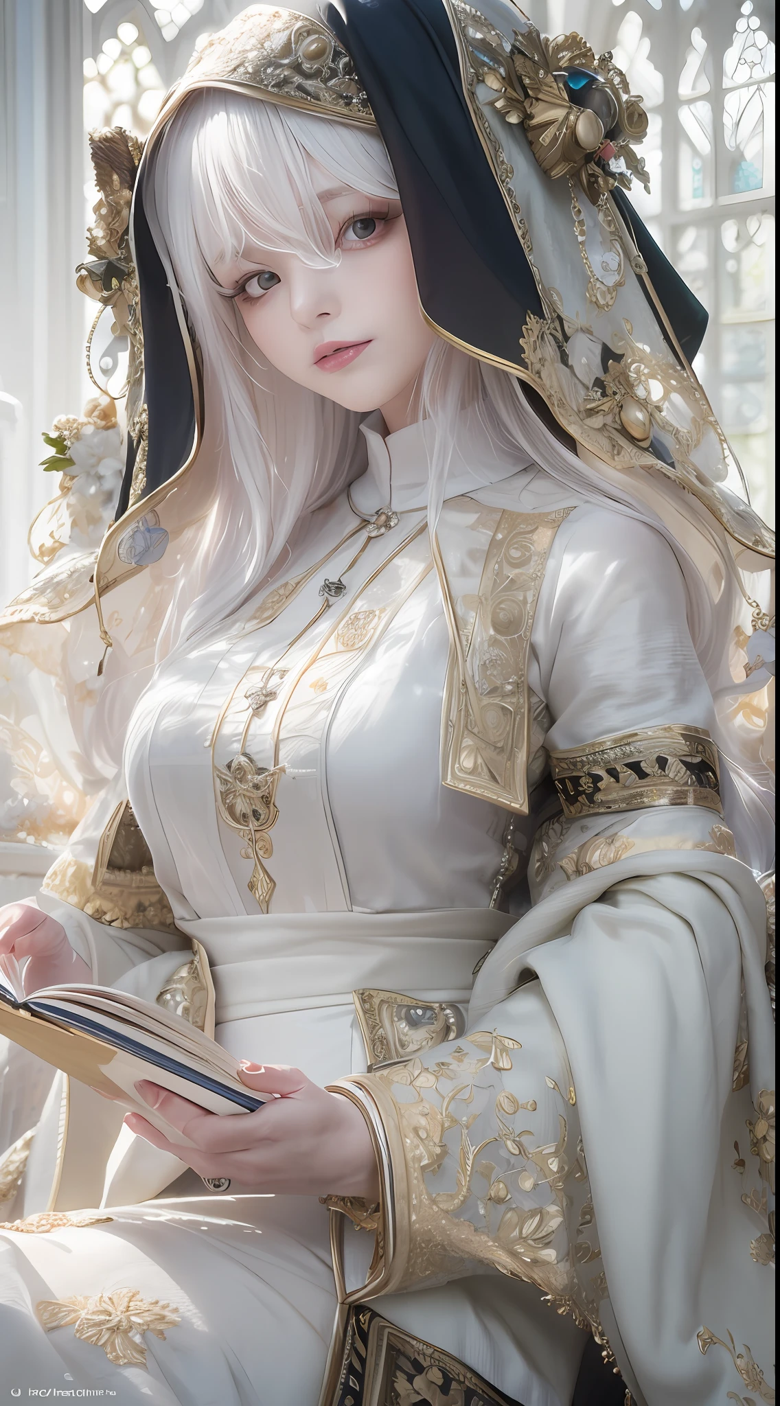 best qualtiy，8K，Best quality，(the detail:1.4),A beautiful maiden。Her skin shimmered with a pure white sheen。Close-up of a nun holding a book in a chair,fully body photo，The is very detailed，guweiz masterpiece, Guviz-style artwork, a stunning young ethereal figure，dreamy and detailed, Ethereal!!! Ultra photo realsisim,lewd nun，Black nun dress，neo-classical, Renaissance,Epic and beautiful character art，Stunning character art，Ray traching,The costumes and facial expressions of the characters are very detailed，Displays a detailed description，A look of disdain，Lift up some skirts，Beth，white hime cut hairstyle，There are deep eyes，Beautiful character painting，The Lost Book of Magic，white beautiful hair，There are vines with arabesques