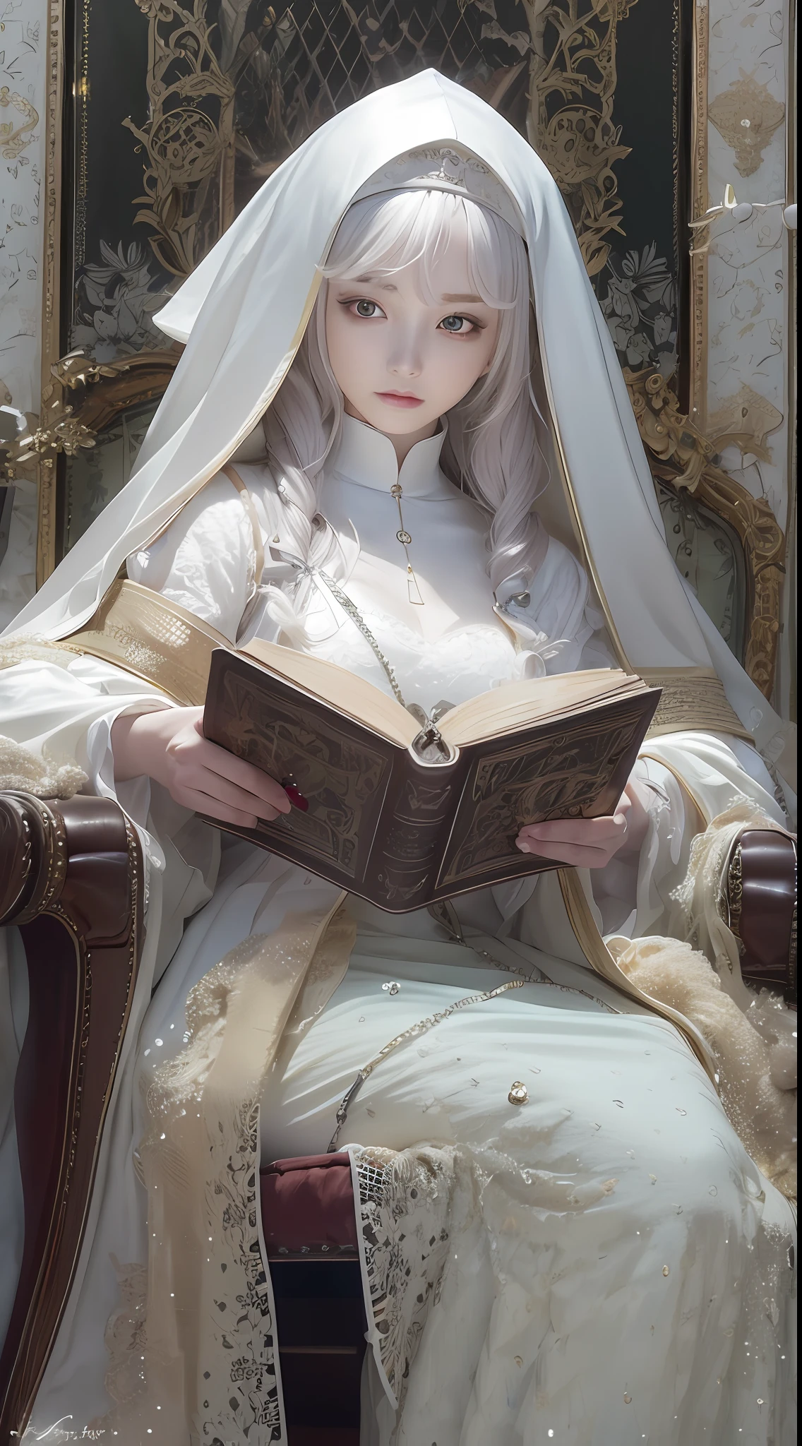 best qualtiy，8K，Best quality，(the detail:1.4),A beautiful maiden。Her skin shimmered with a pure white sheen。Close-up of a nun holding a book in a chair,fully body photo，The is very detailed，guweiz masterpiece, Guviz-style artwork, a stunning young ethereal figure，dreamy and detailed, Ethereal!!! Ultra photo realsisim,lewd nun，Black nun dress，neo-classical, Renaissance,Epic and beautiful character art，Stunning character art，Ray traching,The costumes and facial expressions of the characters are very detailed，Displays a detailed description，A look of disdain，Lift up some skirts，Beth，white hime cut hairstyle，There are deep eyes，Beautiful character painting，The Lost Book of Magic，white beautiful hair，There are vines with arabesques