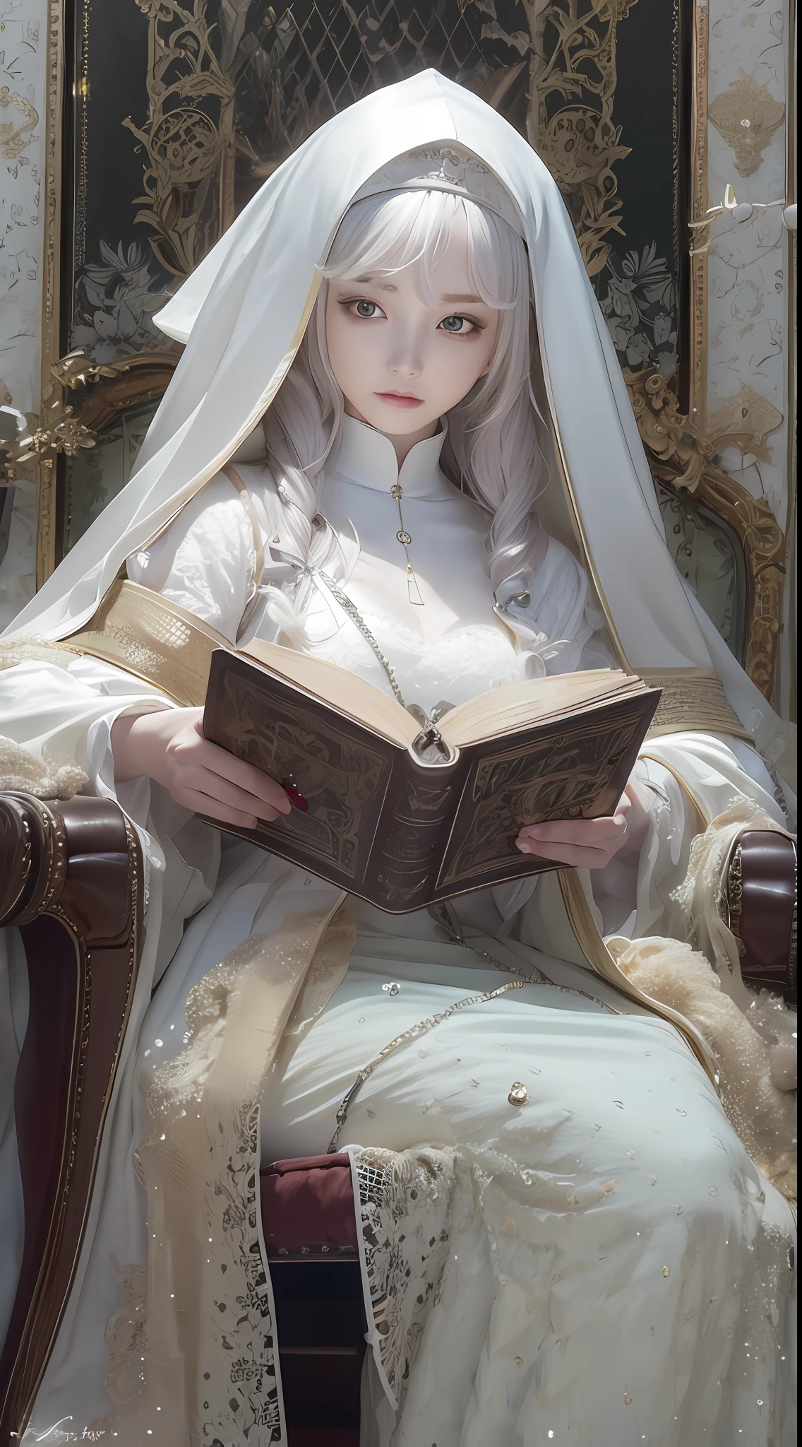 meilleure qualité，8k，Meilleure qualité，(le détail:1.4),Une belle jeune fille。Sa peau brillait d&#39;un éclat blanc pur。Gros plan d&#39;une religieuse tenant un livre sur une chaise,photo entièrement du corps，Le est très détaillé，chef-d&#39;œuvre de Guweiz, Oeuvre de style Guviz, une superbe jeune silhouette éthérée，rêveur et détaillé, éthéré!!! Ultra photo réaliste,nonne obscène，Robe de nonne noire，néo-classique, Renaissance,Art de personnage épique et magnifique，Des illustrations de personnages époustouflantes，Traçage de rayons,Les costumes et expressions faciales des personnages sont très détaillés，Affiche une description détaillée，Un regard de dédain，Soulevez quelques jupes，Beth，coiffure coupe hime blanche，Il y a des yeux profonds，belle peinture de personnage，Le livre perdu de la magie，beaux cheveux blancs，Il y a des vignes avec des arabesques