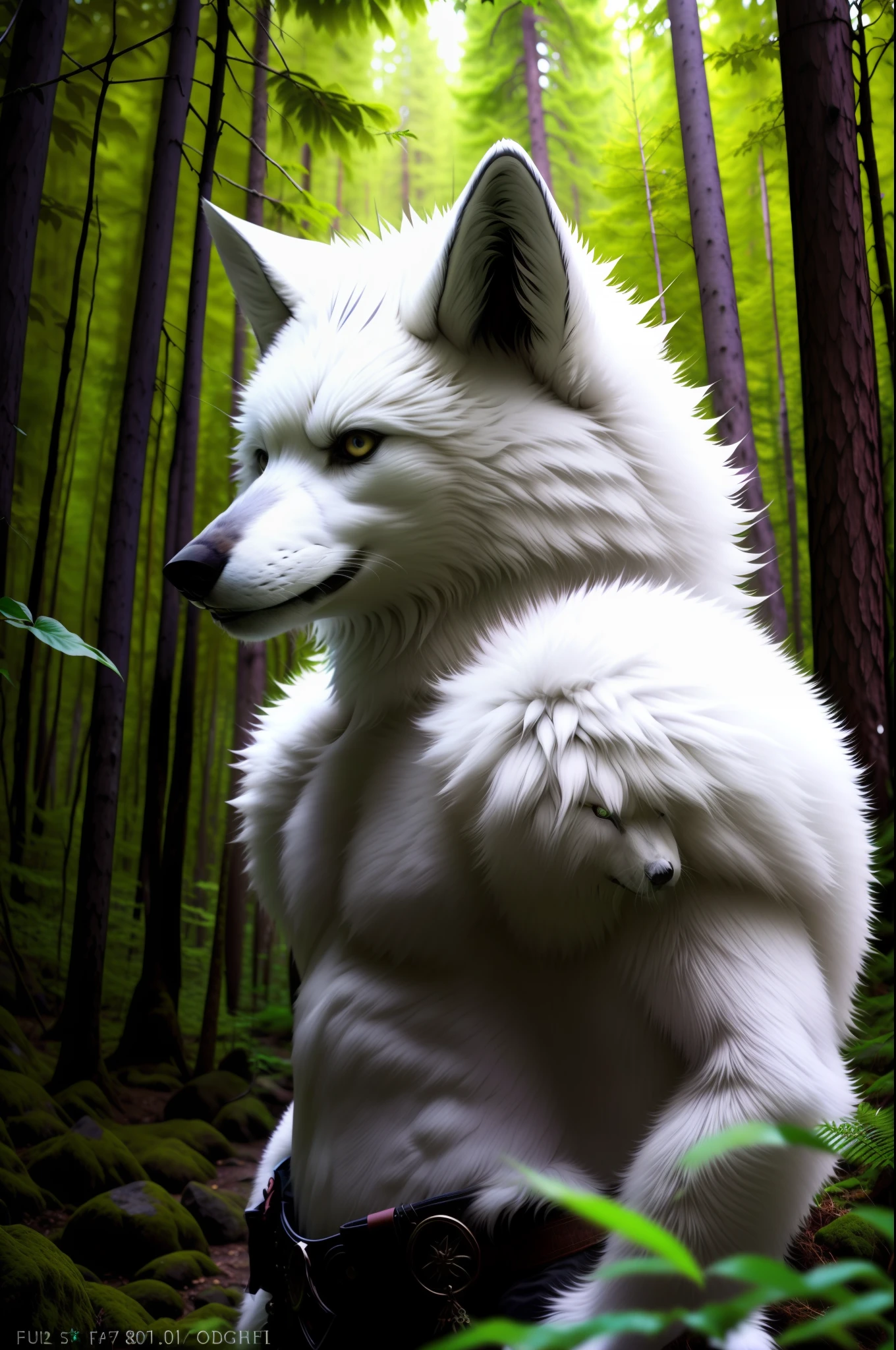 صورة خام, werecreature, werewolF, white Fur, رأس كبير, in a Forest, 80 ملم, F/1.8