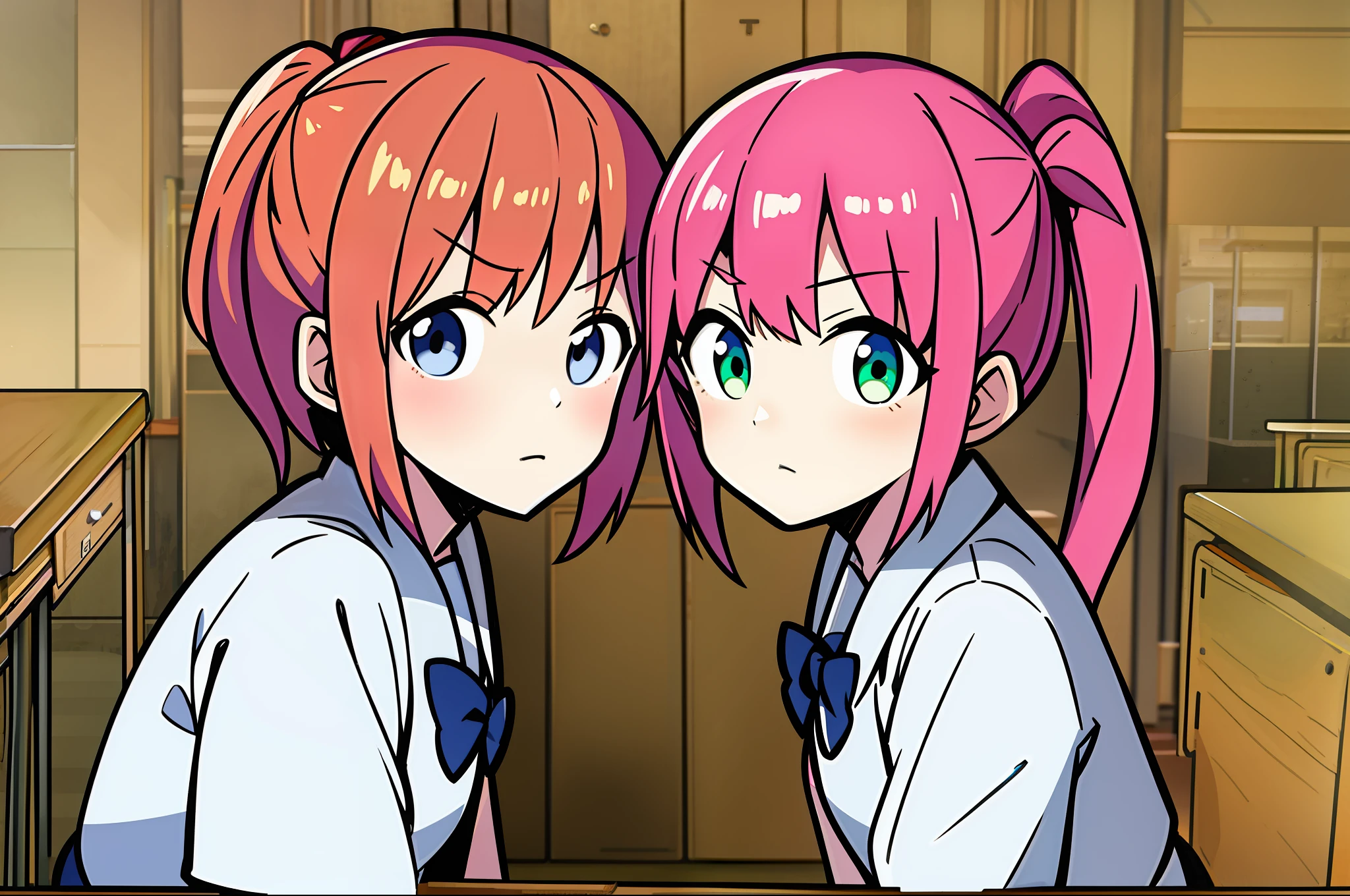 Two anime beautiful girl characters，Short red hair on the left、Black eyes，Wear a white school uniform、short  skirt。The right has long orange double ponytail hair、Green eyes，Wear a white school uniform、short  skirt。The two sat separately at two desks in the wooden classroom，Communicate with each other，Happy emoji。The light and shadow are beautiful at the level of a masterpiece，line sleek，The action is real and reasonable。