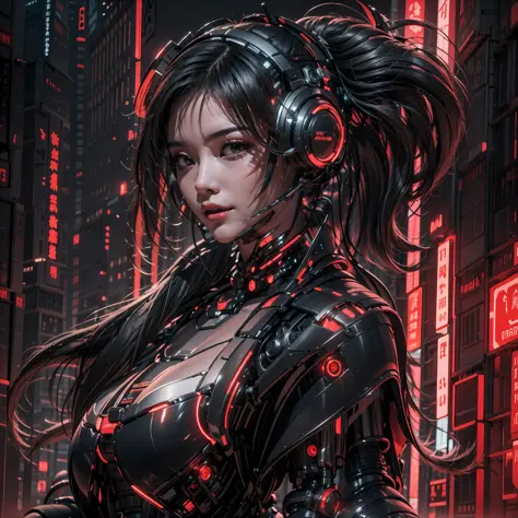 1 rapariga， chinese_clothes， Metallic black, titanium and crimson， Cyberhanfu， on cheongsam， Cyberpunk-city， dynamicposes， Detai...