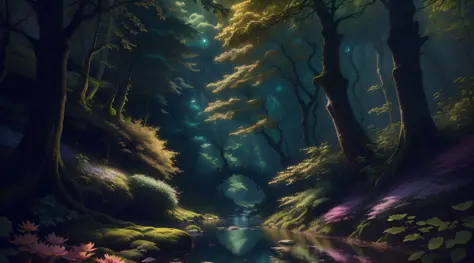 There is a stream that runs through a forest with trees and flowers, anime exuberante john 8k madeiras, floresta brilhante, magic fantasy forest, magical atmosphere, magical forest, paisagem da floresta da fantasia, floresta da fantasia, inspirado em Andre...