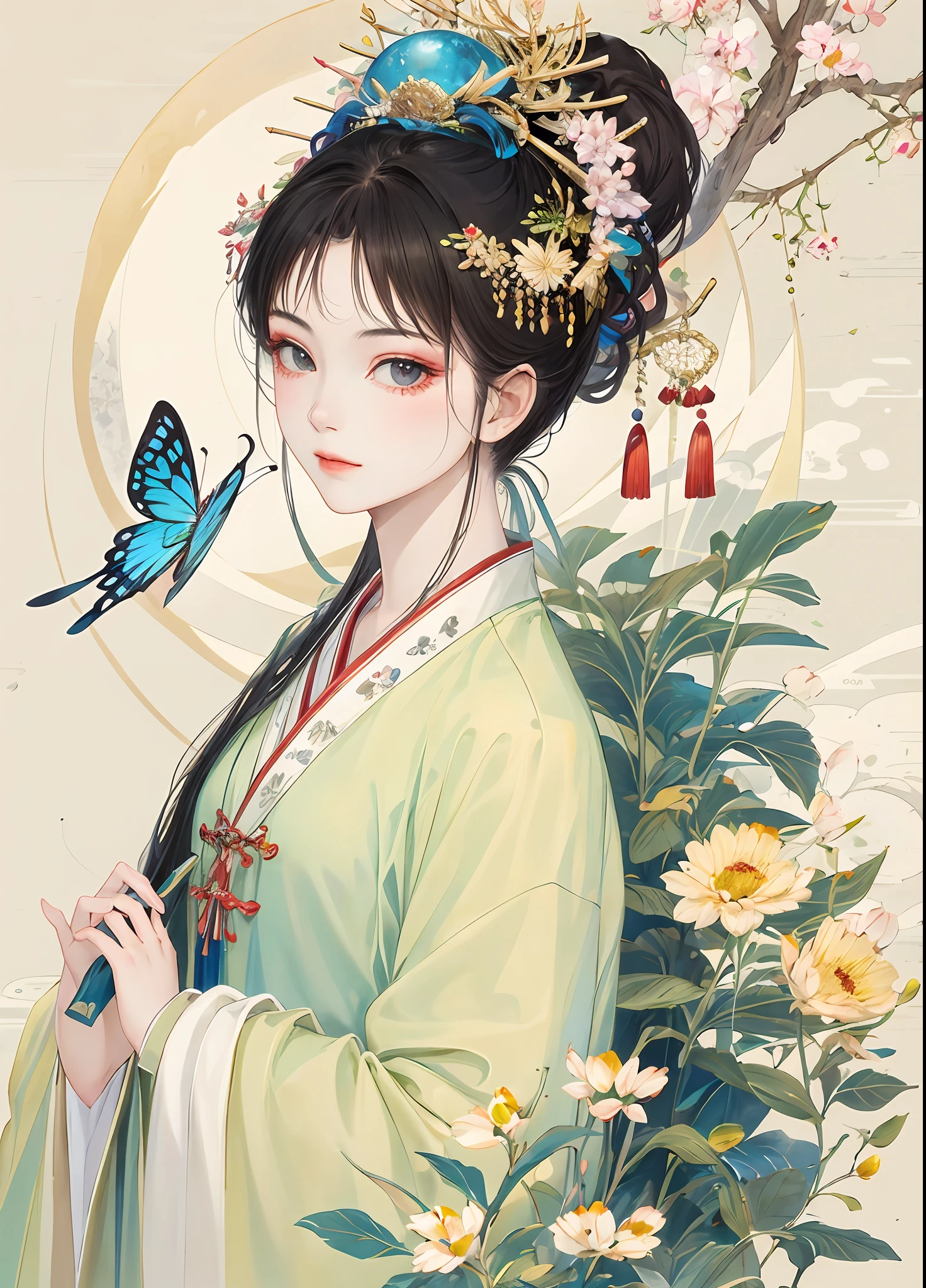 masterpiece, high quality,1girl,looking at viewer,east asian architecture,moon,butterfly, upper body,