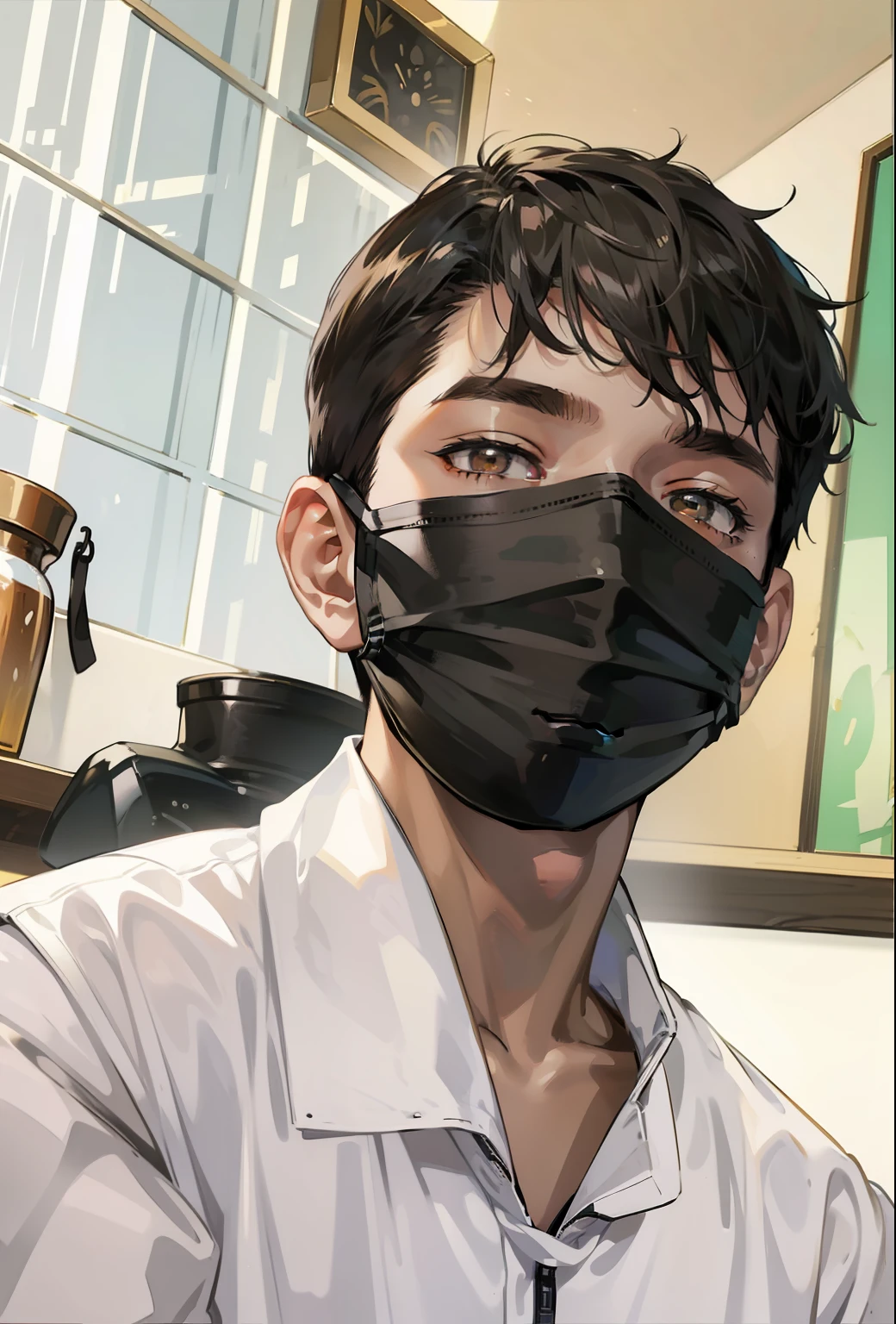 Anime man wearing a black mask in a kitchen with a coffee pot - SeaArt AI