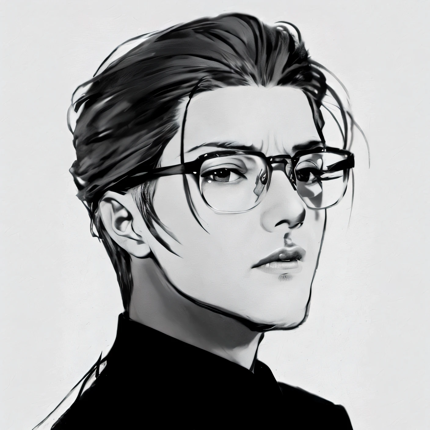 Painting of a man with glasses and a black shirt，Fujisawa Hyun manga art style，Lu Yi caricature portrait，Short hair，Inspired by GTO Spicy Teachers，wears glasses，of a handsome man