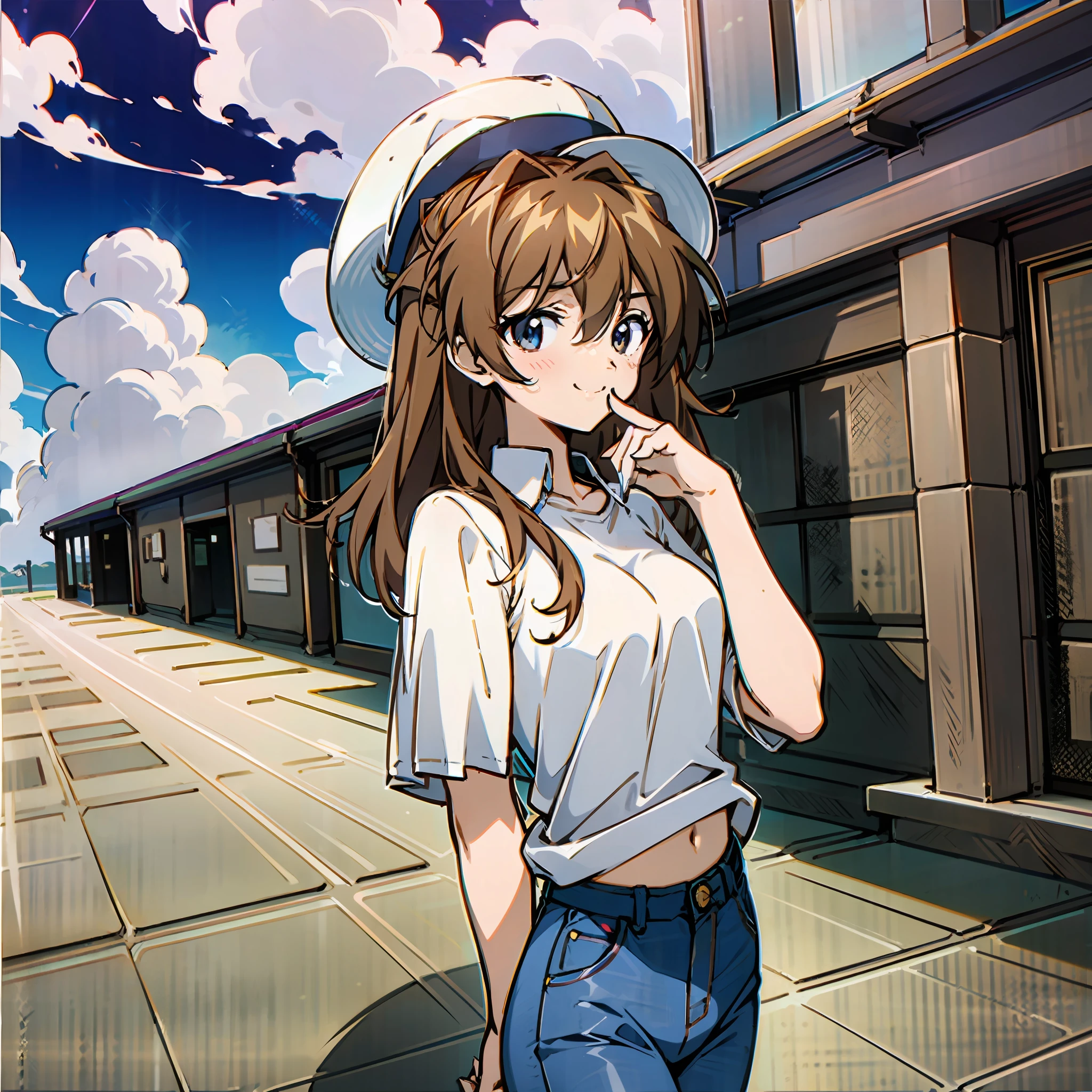 best qualtiy，tmasterpiece，Ultra-high resolution，High brightness，Skysky，Blue sky and white clouds 1.0，the roof，vibrant with colors，A wide variety of flowers，(Character action:Cross your hands behind your back)，White shirt，Blue skinny jeans，White cowboy hat，ssmile，明日香，pale brown hair，Light gray floor tiles