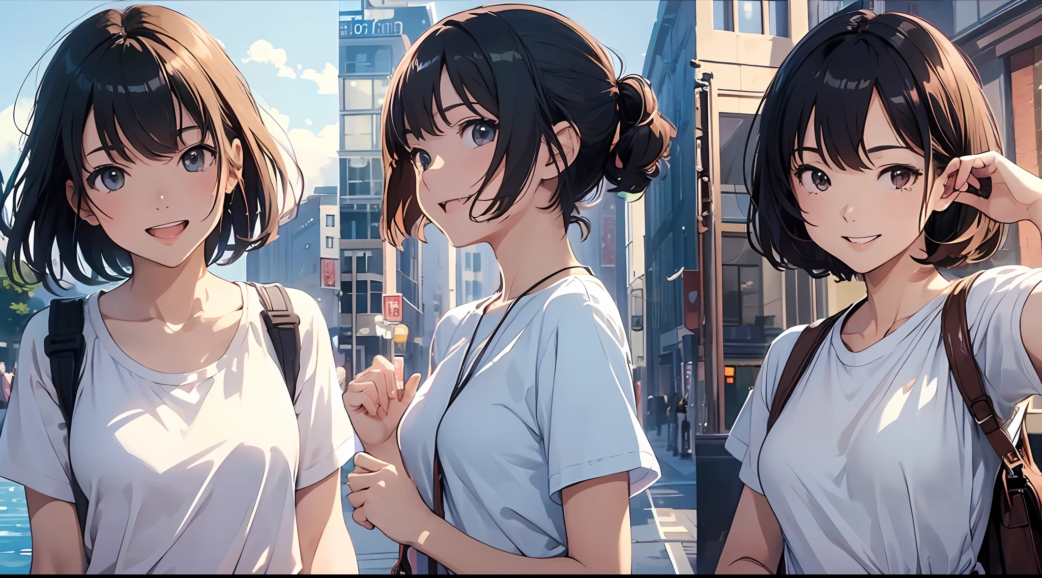 Chica anime con pelo corto y una camisa blanca parada en una ciudad -  SeaArt AI