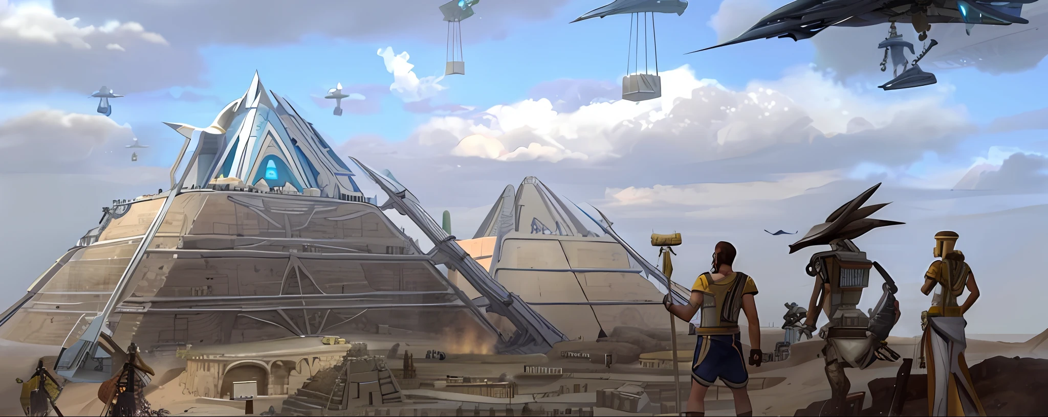 There are many people in front of a pyramid with an airplane, ancient megastructure pyramid, antigo, mas futurista, futurista antigo, ancient alien tools and houses, built in the egyptian desert, depicted as a scifi scene, egyptian environment, No ano 3000, pyramid portal, ancient alien portal, megaestrutura em segundo plano, estruturas gigantes da tumba