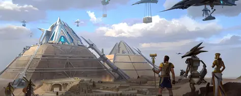 there are many people in front of a pyramid with an airplane, ancient megastructure pyramid, antigo, mas futurista, futurista an...