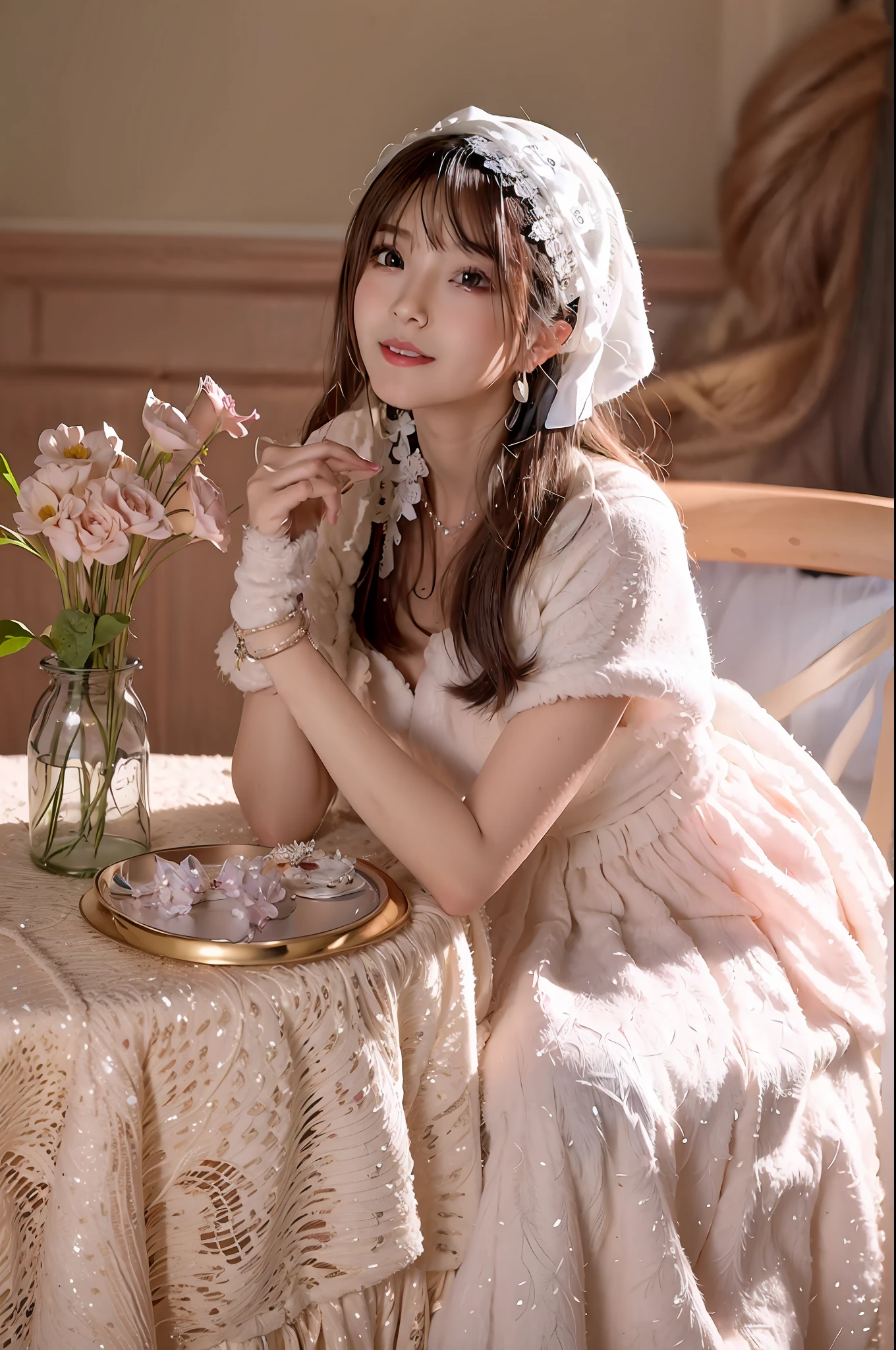 There was a woman sitting at the table，Holding a vase of flowers in his hand, ethereal fairytale, fairy core, belle delphine, Dreamy and ethereal, Ethereal and dreamy, ulzzangs, dreamy atmosphere and drama, Palace ， A girl in Hanfu, Guviz, a stunning young ethereal figure, Dreamy atmosphere, Very ethereal, pale milky white porcelain skin, Ethereal beauty