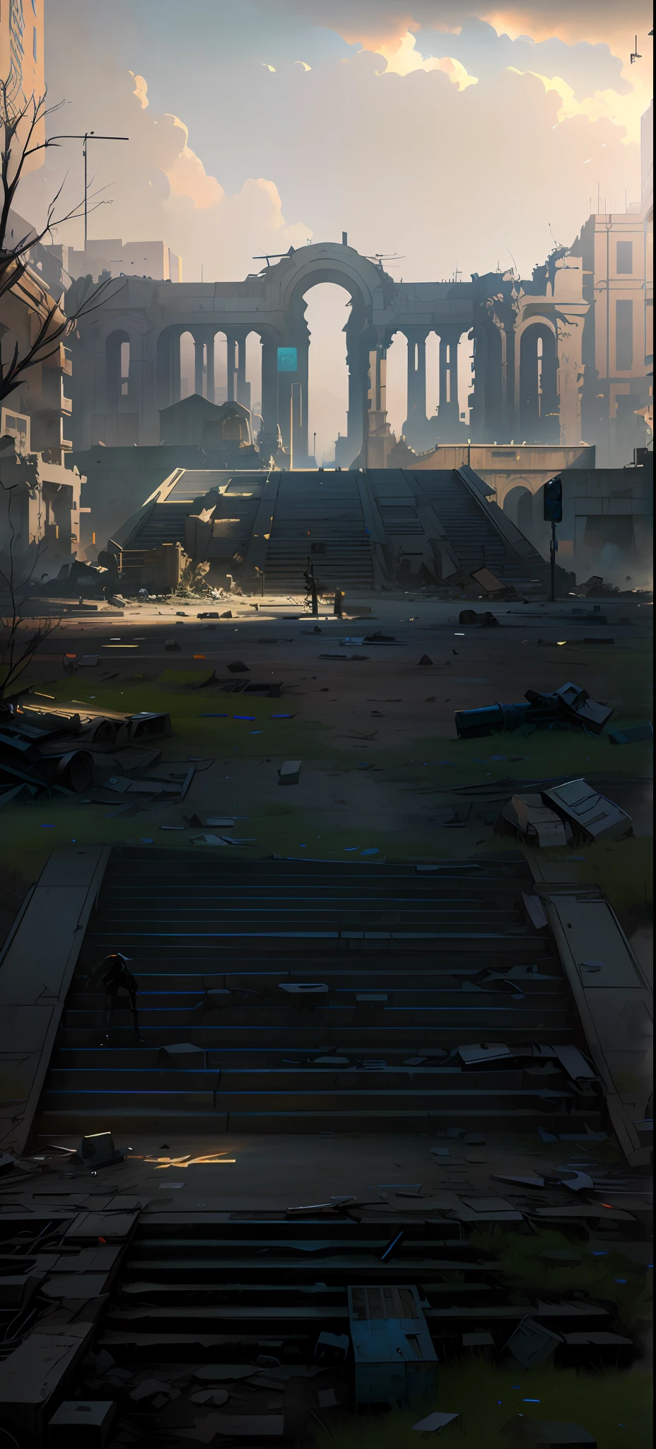 There are plenty of stairs，An abandoned square that smells of wasteland, Doomsday European and American City Square，In the center of the square is a huge statue，The building is dilapidated，Doomsday wasteland style，inspired by Ismail Inceoglu, Ismail Inceoglu, dramatic concept art, concept-art ， highly rendered, concept art for a video game, game art matte painting, highly realistic concept art, author：Ismail Inceoglu, concept world art, author：Luis Miranda