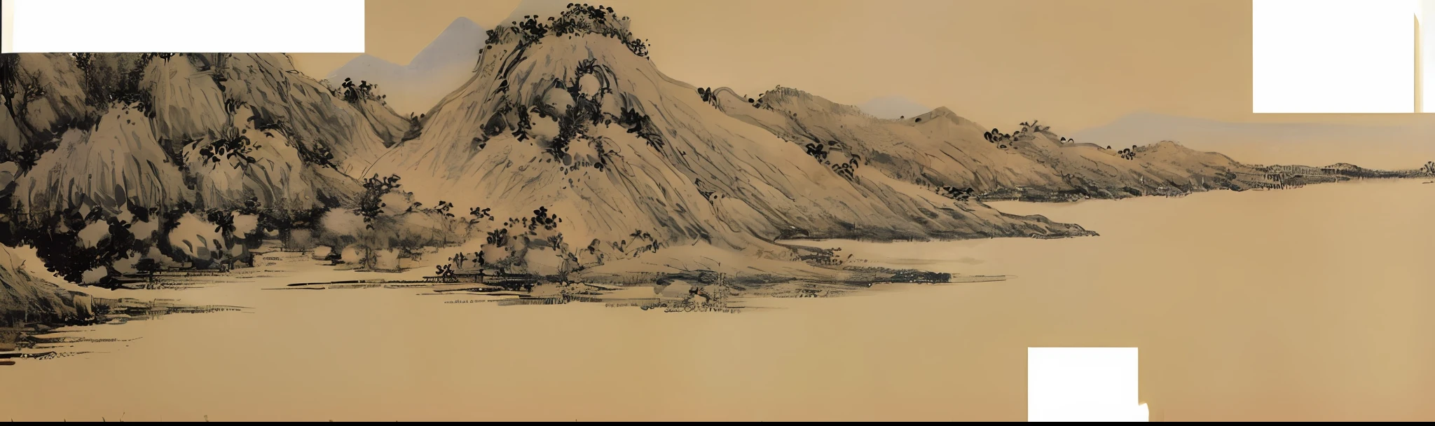 A close-up of a painting of mountains and rivers, author：Gu An, author：Wang Lu, author：Ma Yuan, Chinese landscape, inspired by Zhang Shunzi, by Gu Kaizhi, artwork in the style of z.Show on the. gu, inspired by Shen Shichong, author：Wang Tian , author：Wu Zuoren, zhang daqian