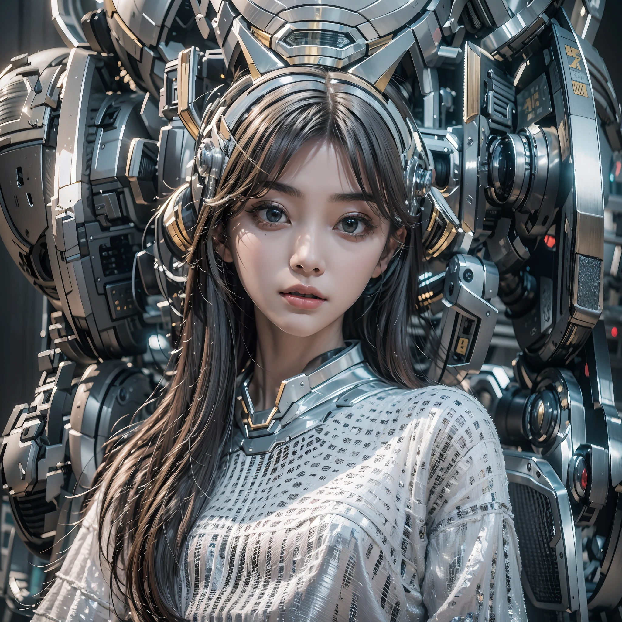 1girl，Big eyes，Perfect facial features，With a mecha helmet，mechs，Photorealsitic，metallic，sitting on a stool，eyes looking at the lens，Lips slightly open，best qualtiy，C4D Rendering，rendering by octane，Cinematic quality，tmasterpiece，16K