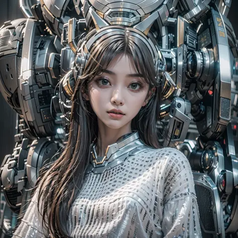 1girl，Big eyes，Perfect facial features，With a mecha helmet，mechs，Photorealsitic，Metallic，sitting on a stool，eyes looking at the ...