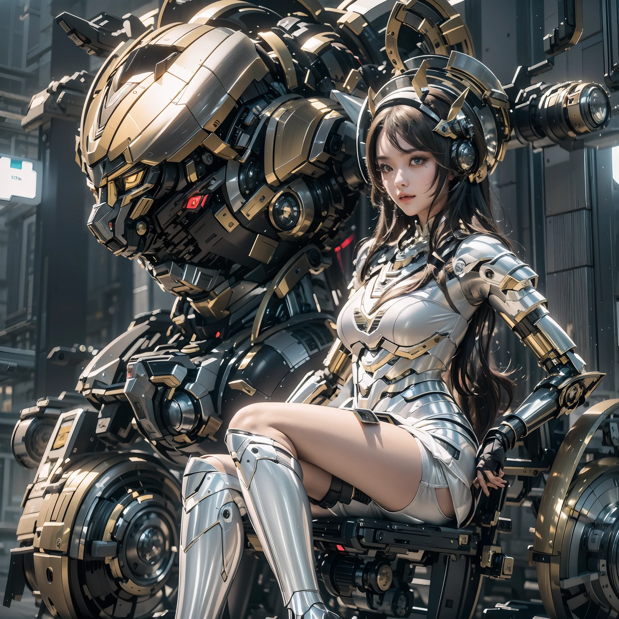 1girl，Big eyes，Perfect facial features，With a mecha helmet，mechs，Photorealsitic，Metallic，sitting on a stool，eyes looking at the lens，Lips slightly open，best qualtiy，c4d渲染，rendering by octane，Cinematic quality，tmasterpiece，16k