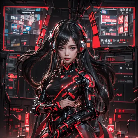 1 rapariga， Chinese_clothes， Metallic black titanium and deep red， Cyberhanfu， on cheongsam， Cyberpunk-city，  Details illuminate...