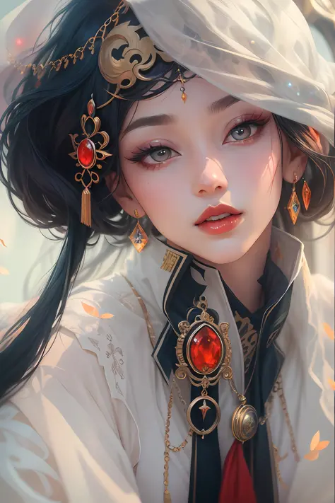 A woman with long black hair wearing a necklace and earrings,Red lips，blue gem，largeeyes，黑The eye， a digital painting inspired by Du Qiong, Trend of CGsociety, Fantasy art, ((a beautiful fantasy empress)), in the art style of bowater, Fantasy art style, a ...