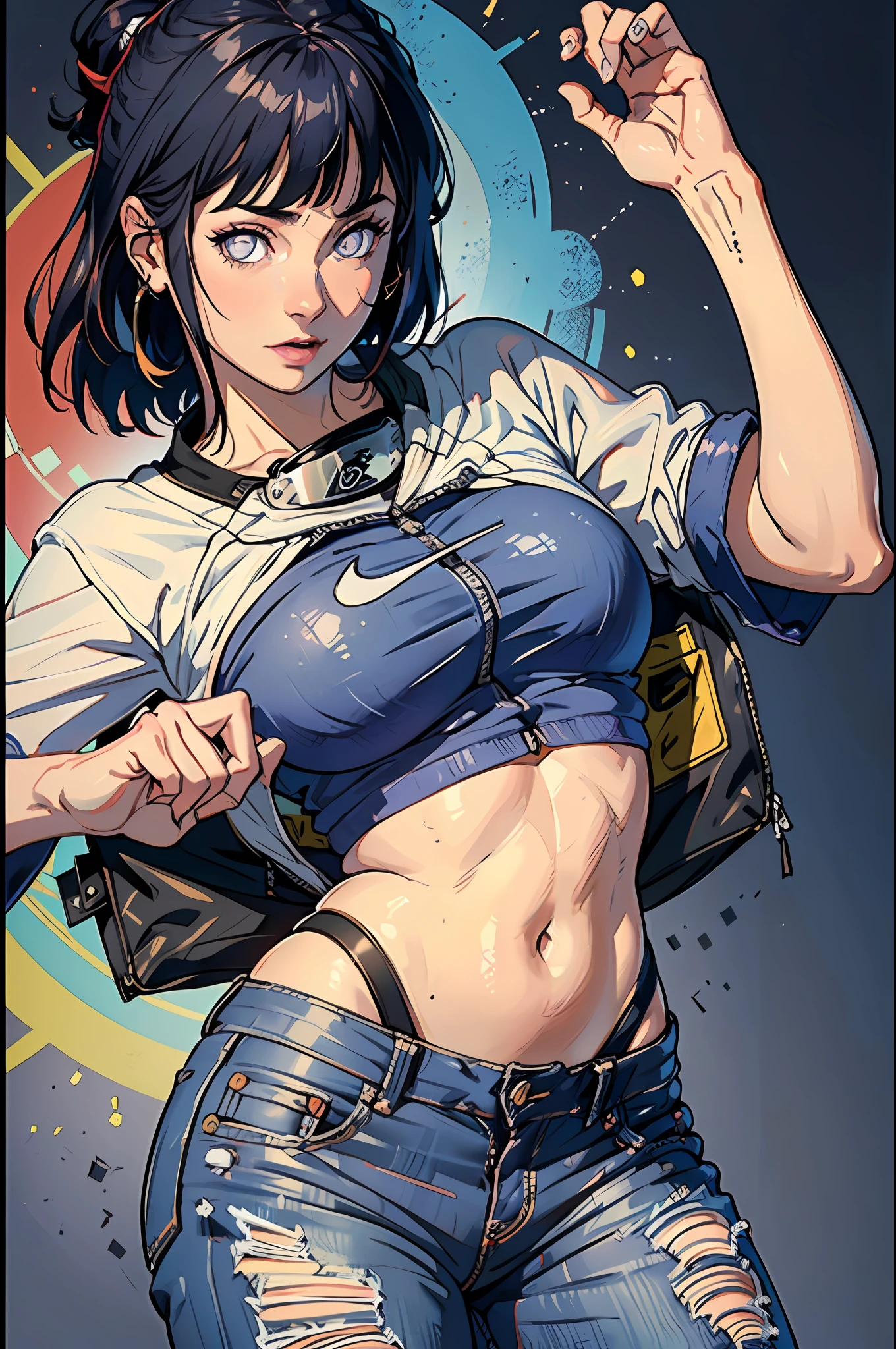 (hyuga Hinata, very sensual, with funk girl clothes, Brazilian, Rio de Janeiro, dancing funk, rolling, big-ass, wearing short denim shorts, wearing a mini blouse, umbigo com pirsing, sneakers Nike, big hair, Speaker behind, very realistic, extremely sexy, 8k, extremely detailed 8K), (an extremely delicate and beautiful), (Masterpiece artwork), (best qualityer: 1.0), (ultra highres:1.0)