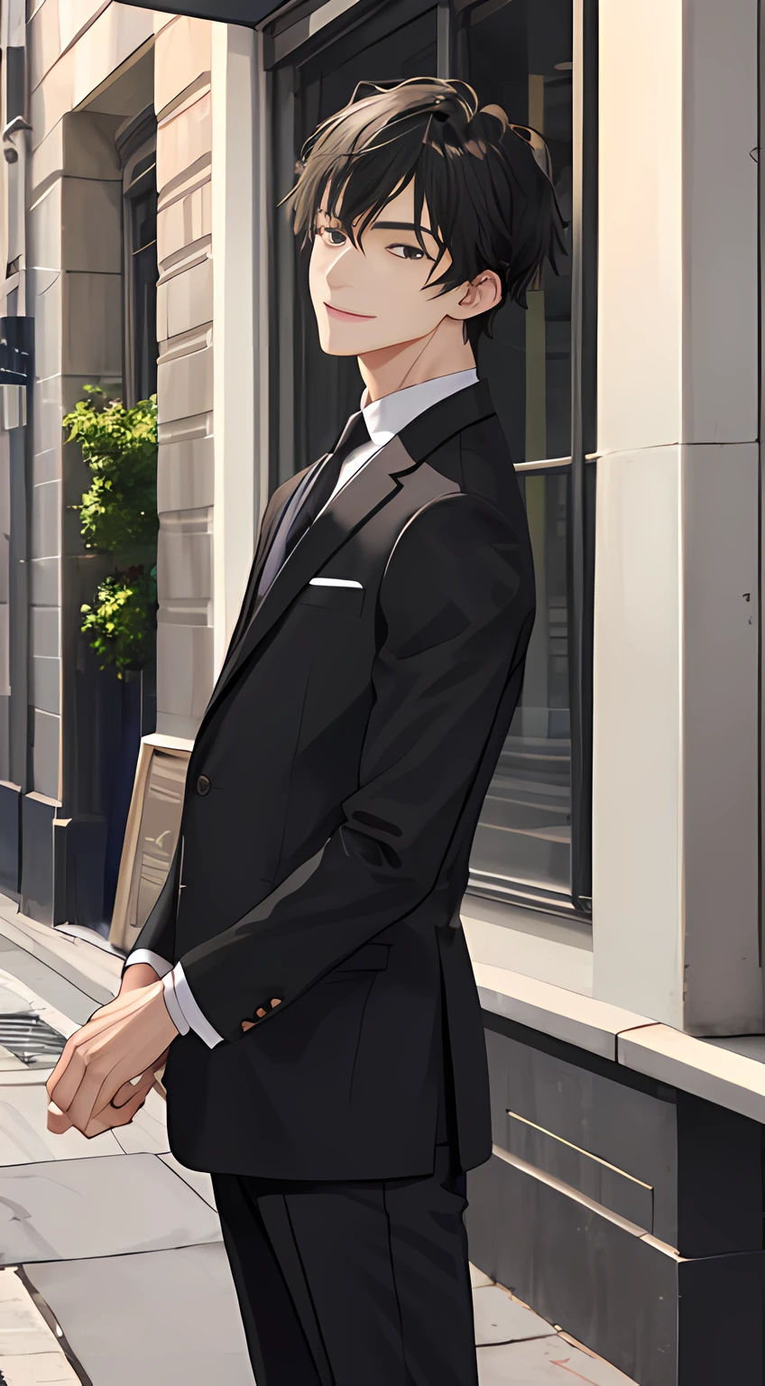 1 man，blacksuit，short detailed hair，Delicate facial features，ssmile，exteriors，street corner，In the daytime,