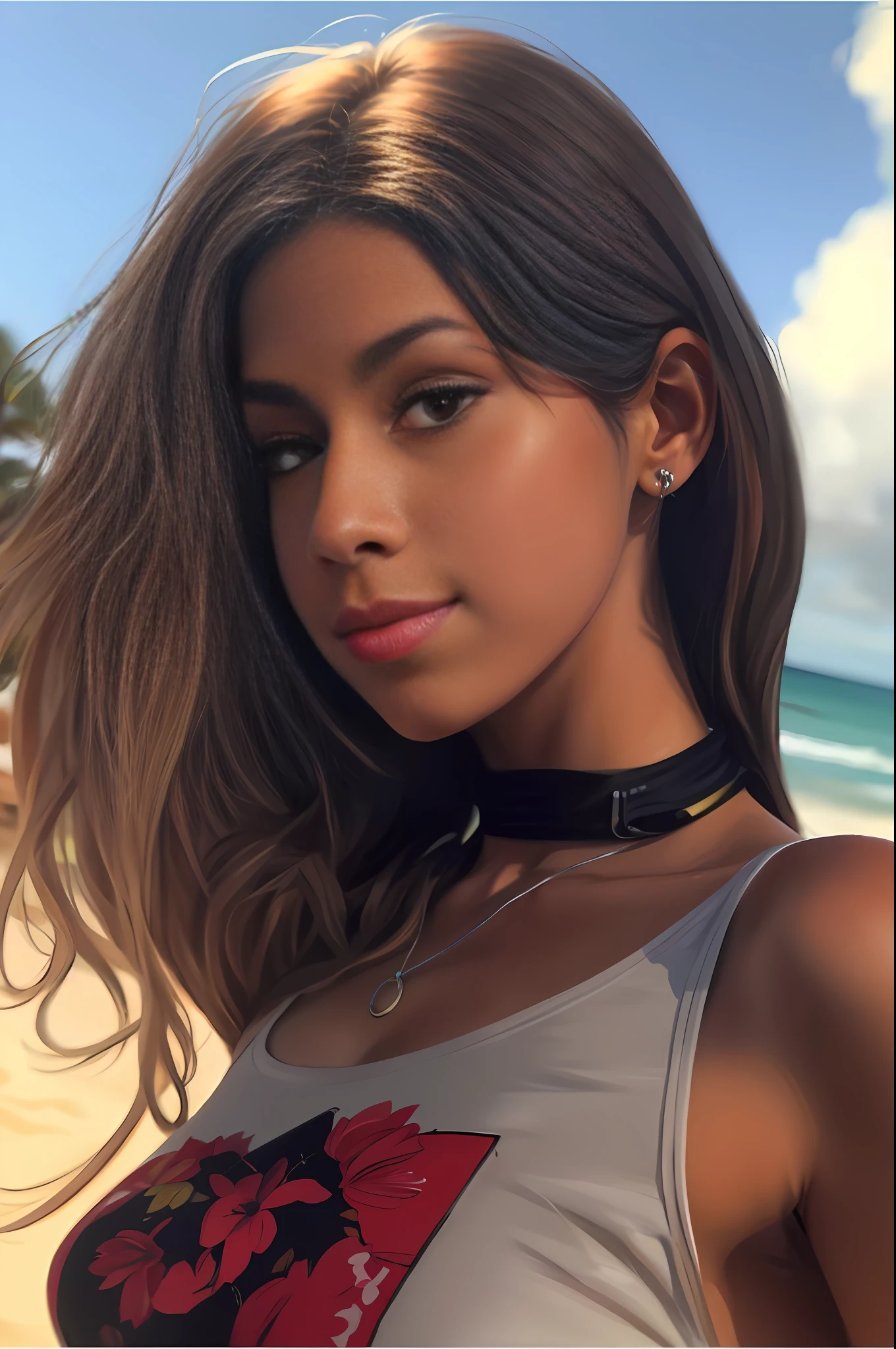 um close up de uma mulher com uma gargantilha em uma praia, estilo de arte realista, pintura digital realista, estilo de arte fotorrealista, pintura digital ultra realista, pintura digital fotorrealista, Arte digital realista 4K, Arte digital realista 4K, liso. pintura digital, baixo detalhamento. pintura digital, estilo de arte realista, retrato de alta qualidade, pintura digital detalhada, realistic digital illustration