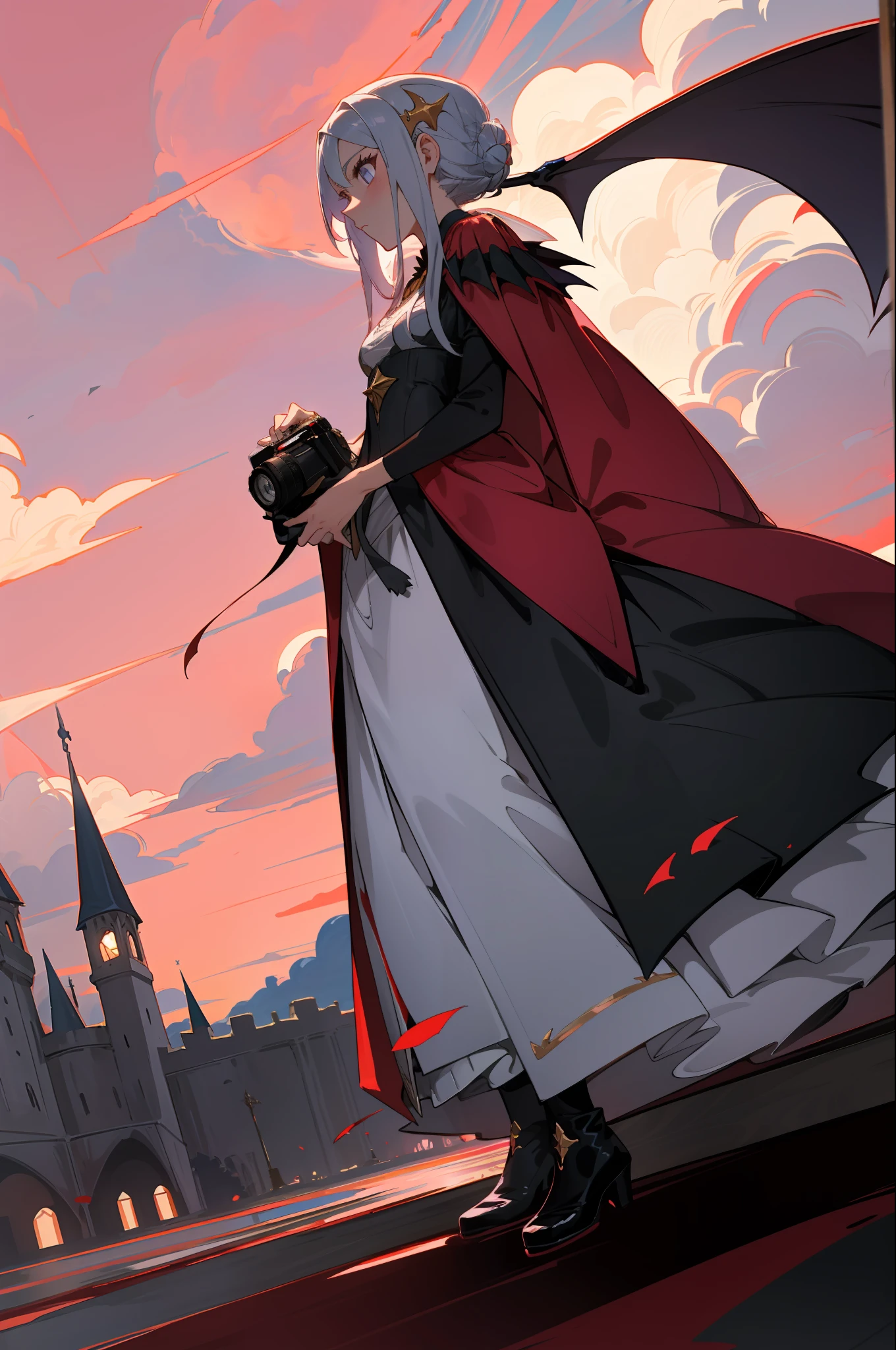 Anime - style illustration of a woman in a red cape and black caper holding  a camera - SeaArt AI