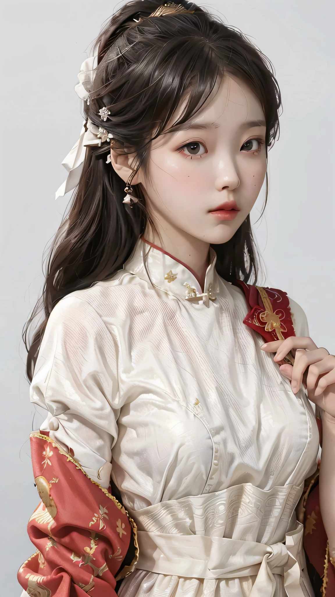 A girl, ancient Chinese costume, whole body, sunshine, clear face, clean white background, masterpiece, super detail, epic composition, ultra HD, high quality, extremely detailed, official art, uniform 8k wallpaper, super detail, 32k