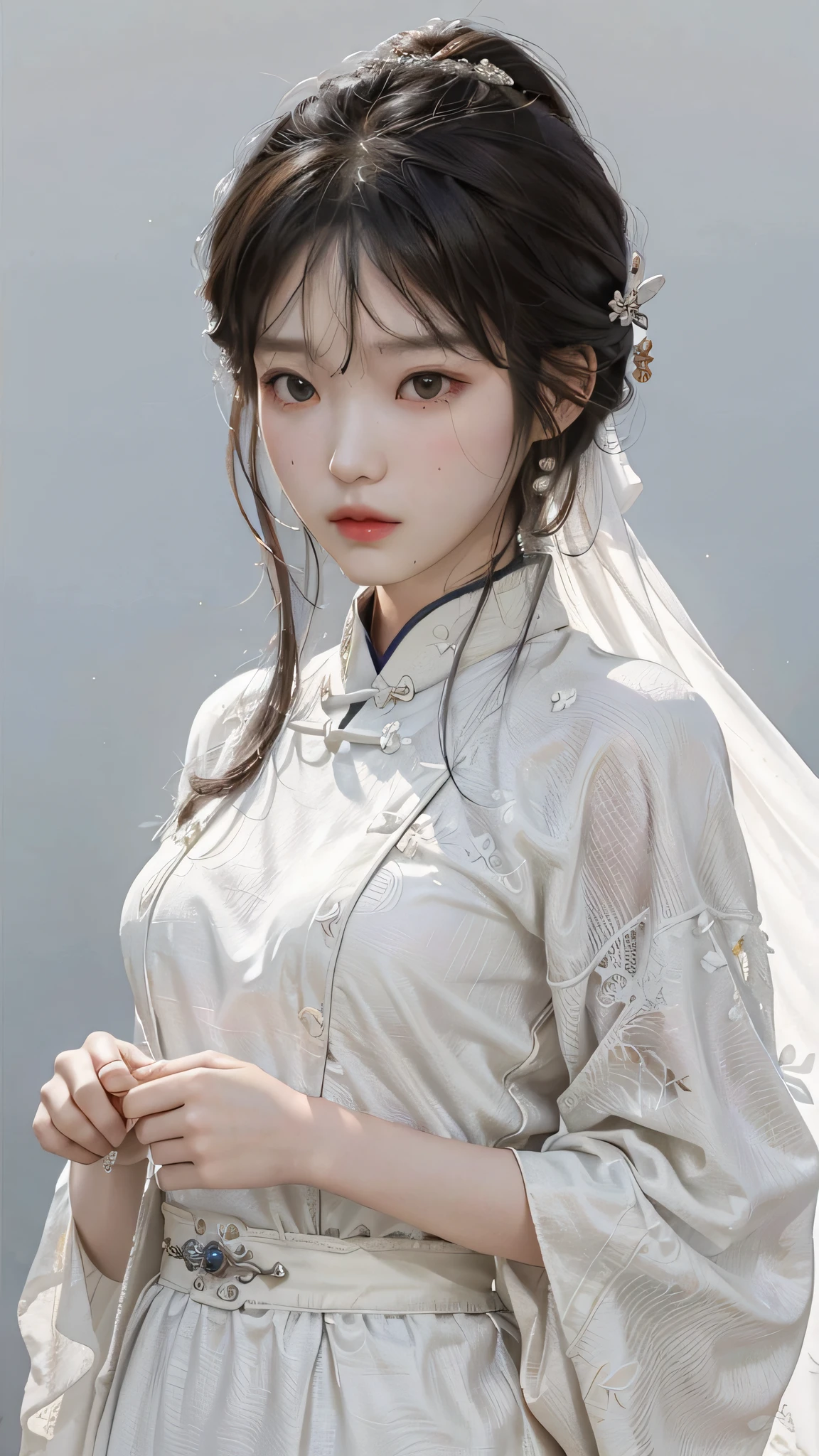 A girl, ancient Chinese costume, whole body, sunshine, clear face, clean white background, masterpiece, super detail, epic composition, ultra HD, high quality, extremely detailed, official art, uniform 8k wallpaper, super detail, 32k