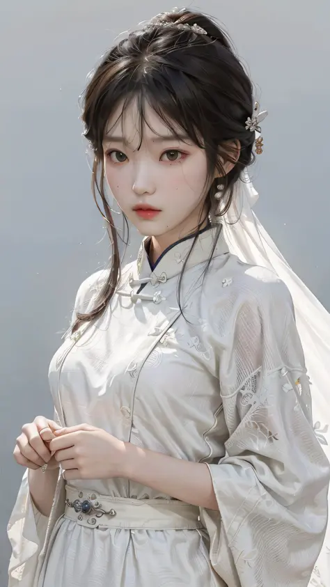 a girl, ancient chinese costume, whole body, sunshine, clear face, clean white background, masterpiece, super detail, epic compo...