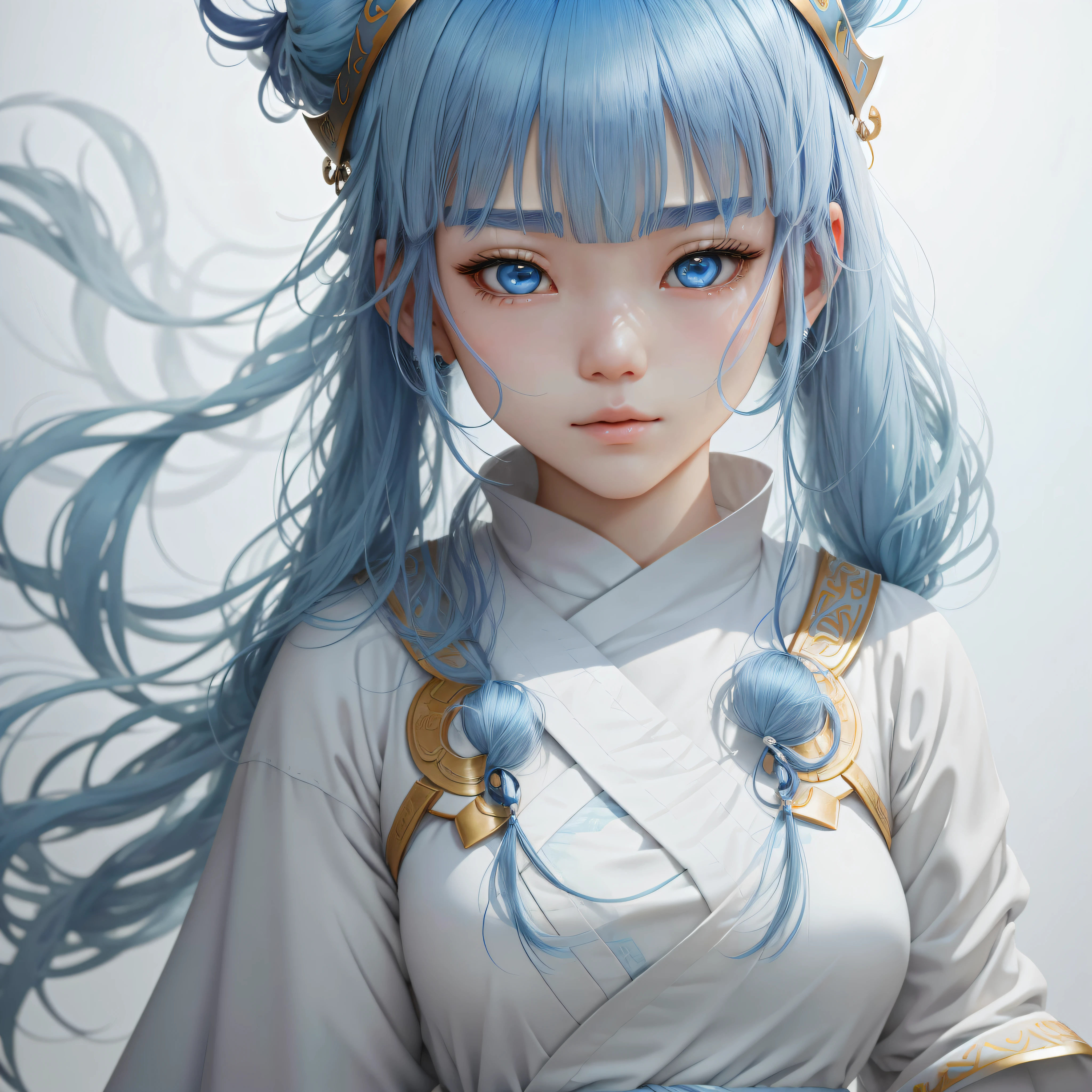 Blue hair，Bangs at the ends，blue color eyes，White combat boots，Wearing a white noble battle robe，Bad laughs，long eyelasher，Golden eyes，Princess Gao Leng，Fair skin，The background is a sacred and inviolable palace，Need，A perfect match，tmasterpiece，ultra-realistic realism --auto