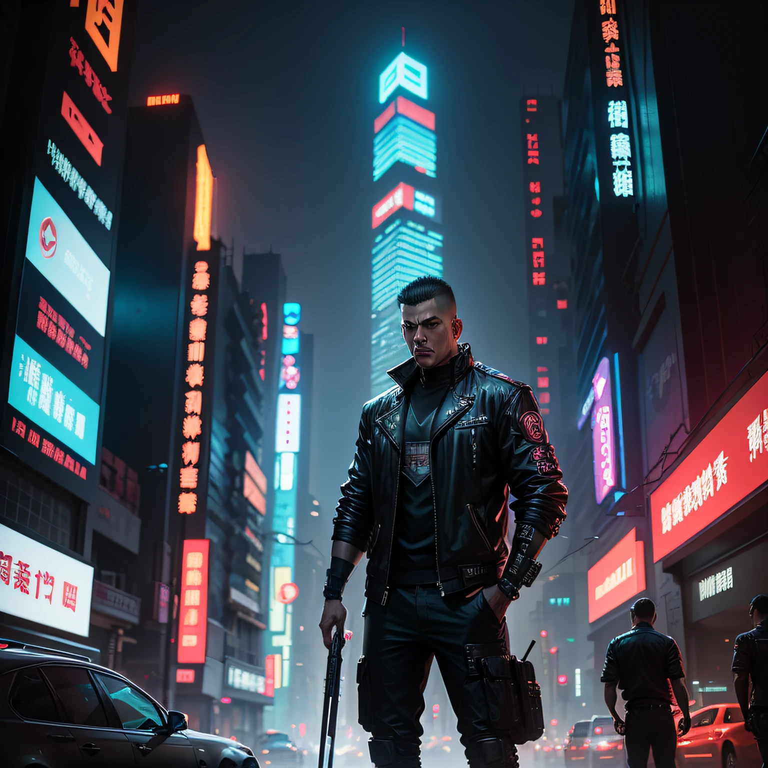 A cyberpunk man standing under the cyberpunk style of Chongqing City ...