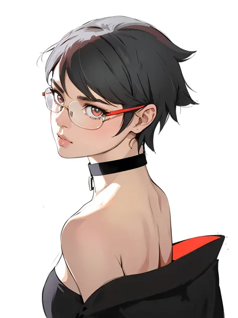 Chica anime de ojos rojos con gafas y un vestido negro, Persona 5 Art Style Wlop, Estilo de arte de persona, Kuvshinov Ilya, 2 b...