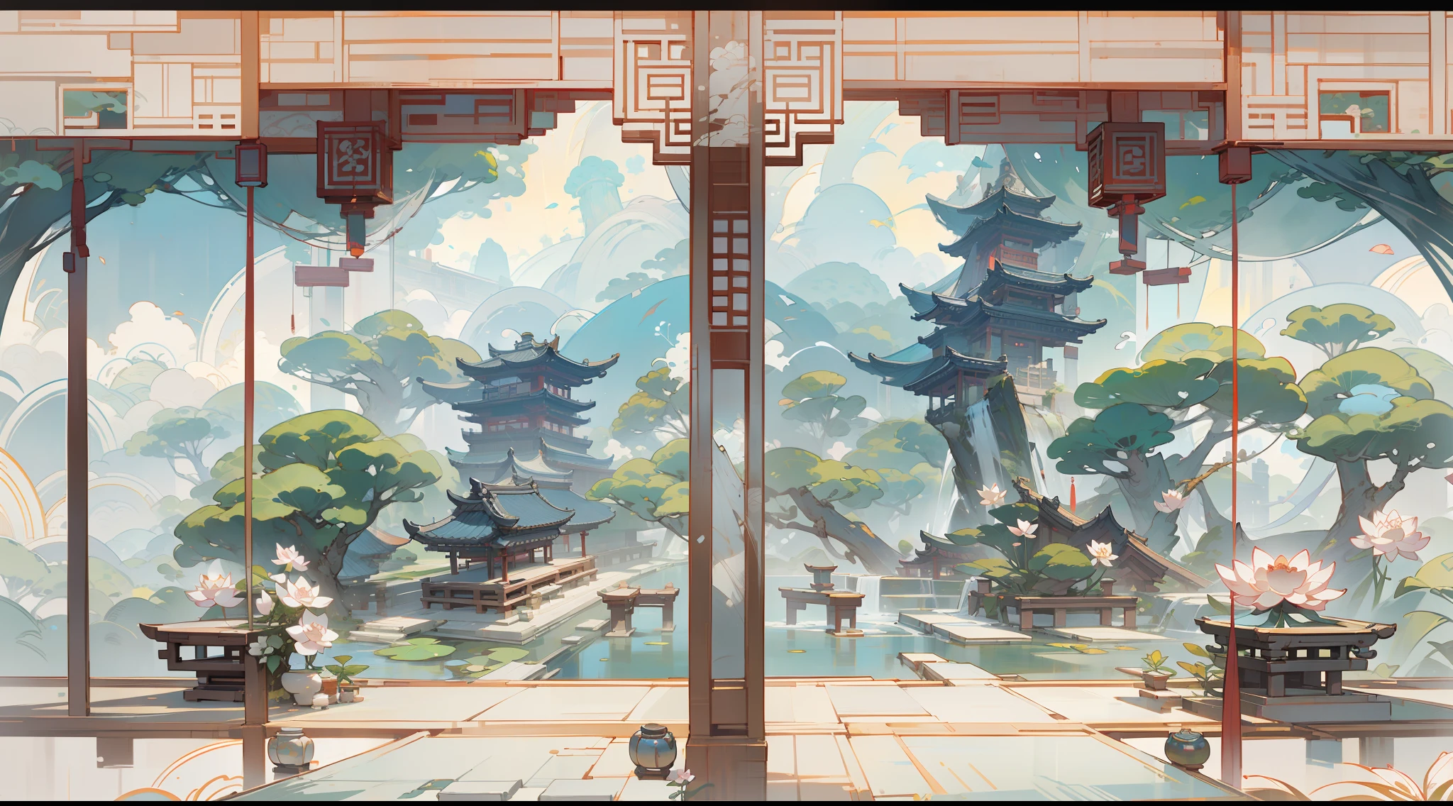 Antique game scene design，big trees，florals，Lotus architecture，Floating table，surrounded by cloud，A blue sky，White cloud，Chinese ink painting OC rendering sculpture