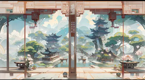 Antique game scene design，big trees，florals，Lotus architecture，Floating table，surrounded by cloud，A blue sky，White cloud，Chinese...