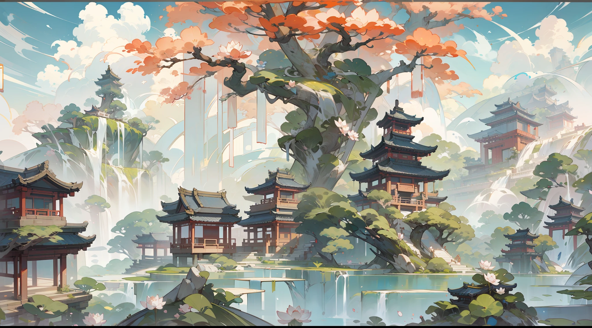 Design de cena de jogo antigo，Árvores grandes，florais，Arquitetura de lótus，Mesa flutuante，cercado por nuvem，Um céu azul，nuvem branca，Escultura de renderização OC de pintura a tinta chinesa
