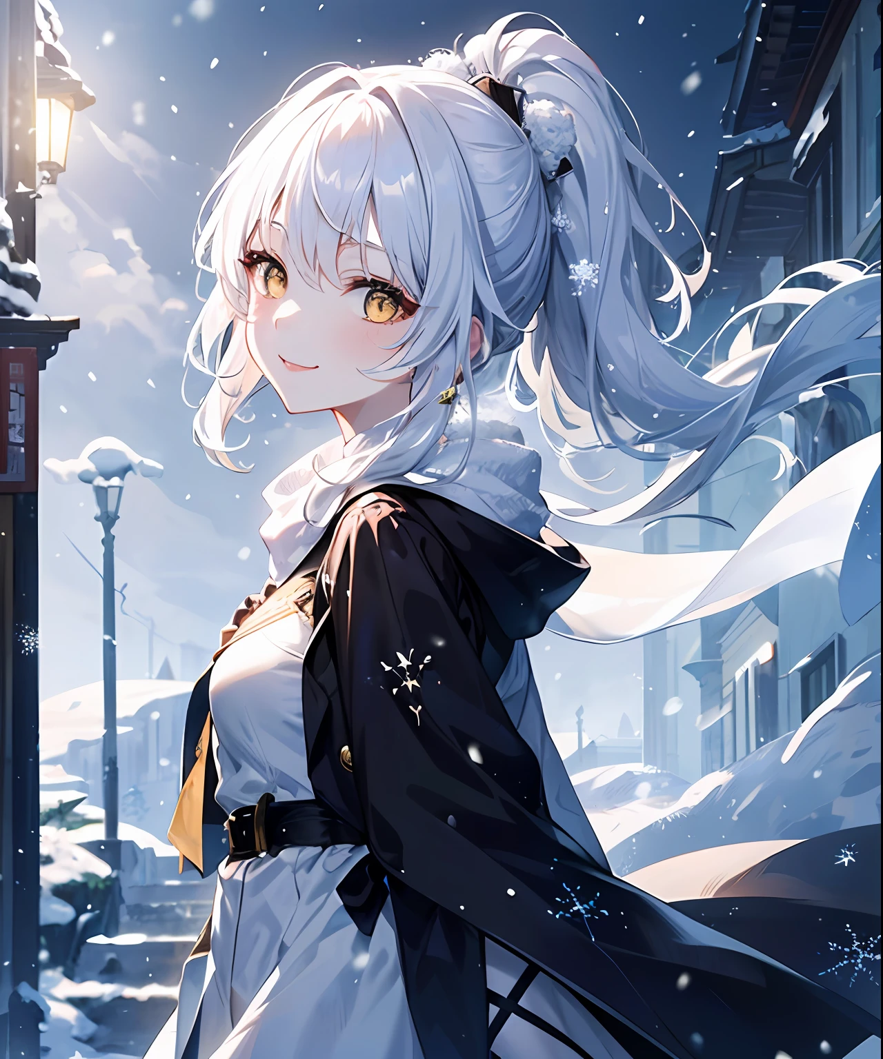 (​masterpiece、top-quality)、solo、1womanl、Medium Hair、High Ponytail、Yellow eyes、A smile、White skin as clear as snow、White hair、Fantastical、It's snowing、Background of the snow country