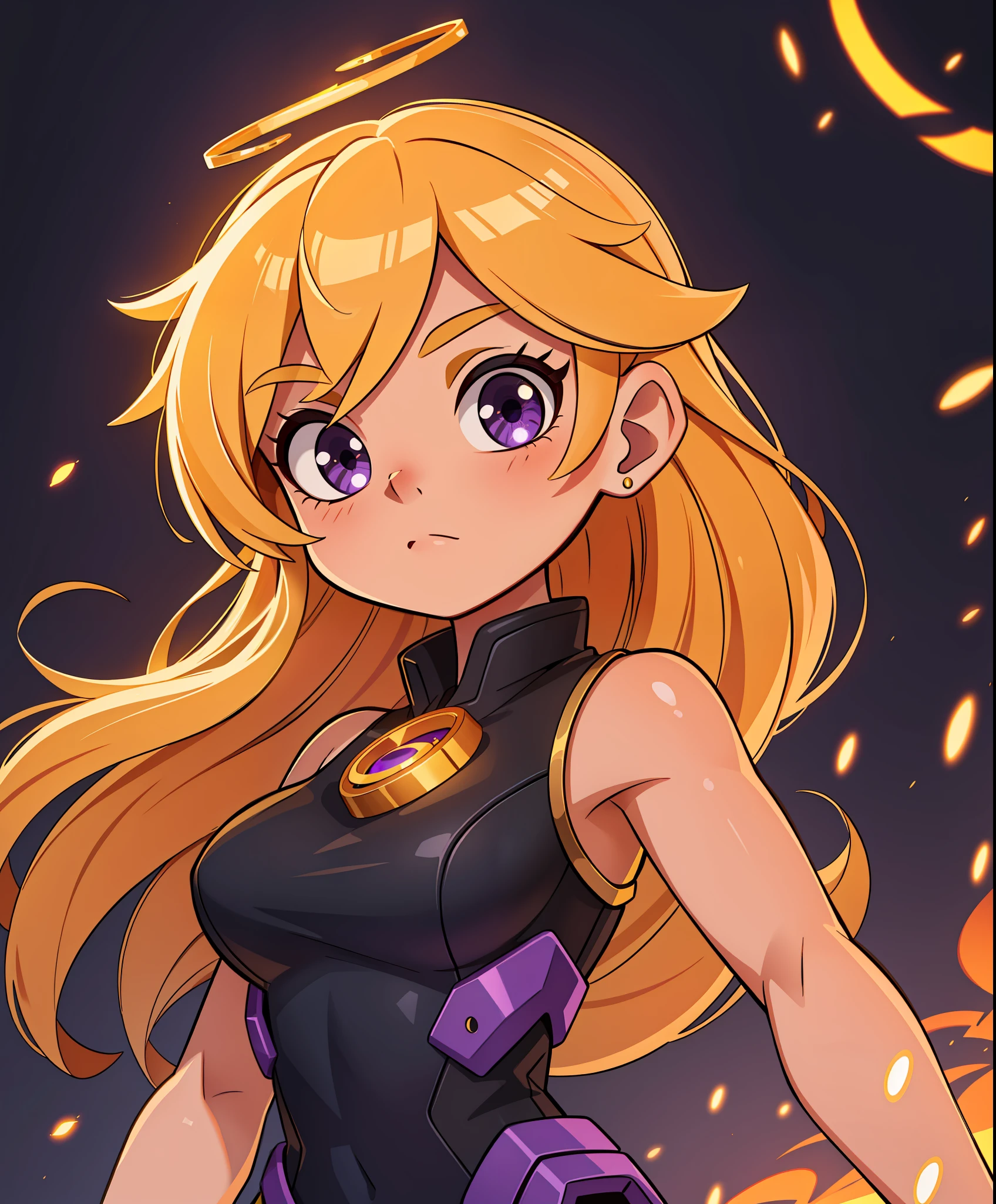 (masterpiece, best quality, ultra-detailed), 1girl, golden hair, purple eyes, gold, golden, glowing, mechanical arms, fire, (halo), black background,