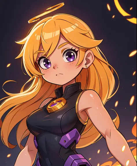 (masterpiece, best quality, ultra-detailed), 1girl, golden hair, purple eyes, gold, golden, glowing, mechanical arms, fire, (hal...