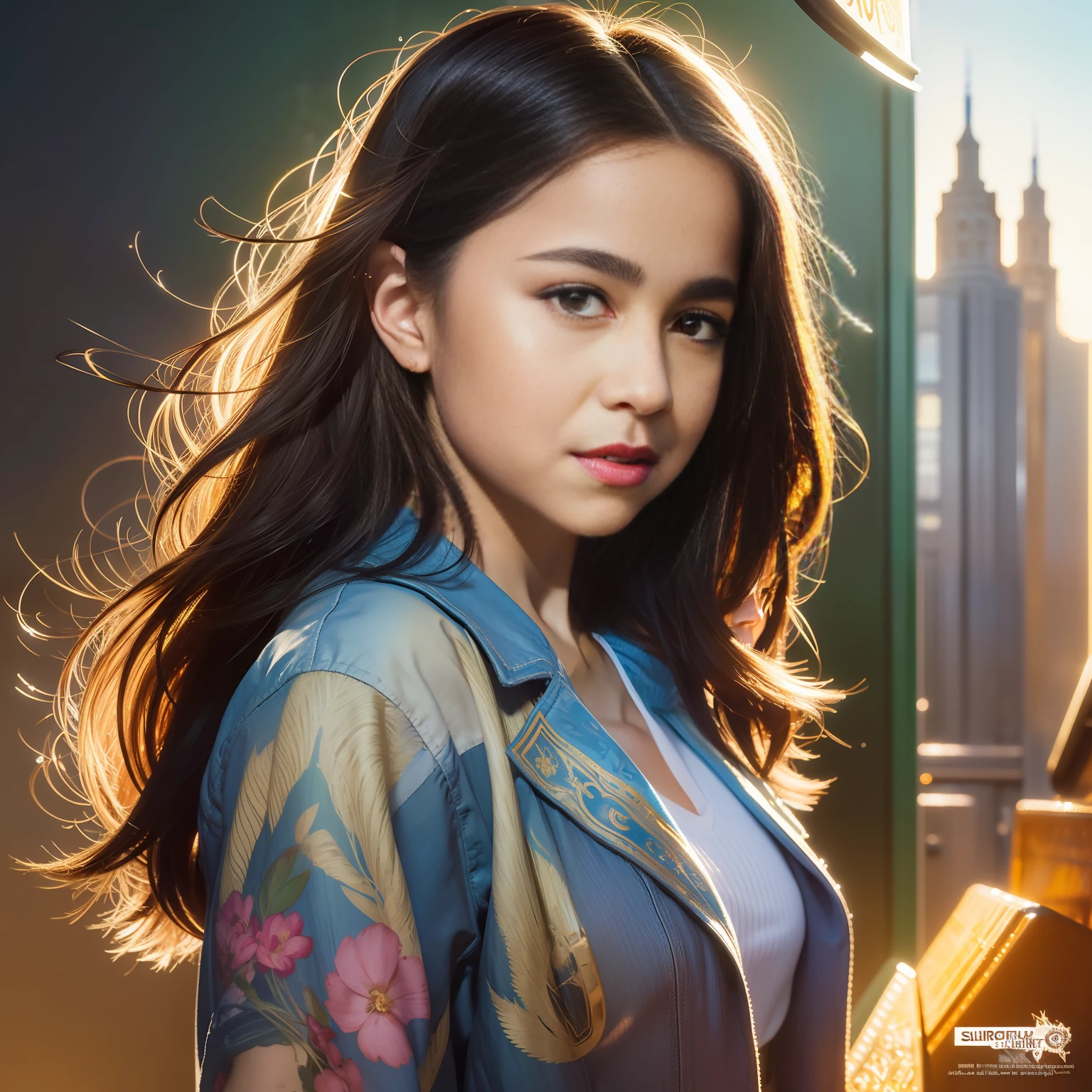 Masterpiece, girl, age 10, backlighting, realistic portrait, symmetrical design, strong, intricate, highly detailed, digital painting, station art, concept art, fluid, sharp focus, illustration, cinematic lighting, artwork Artgerm e Greg Rutkowski and Alphonse Mucha