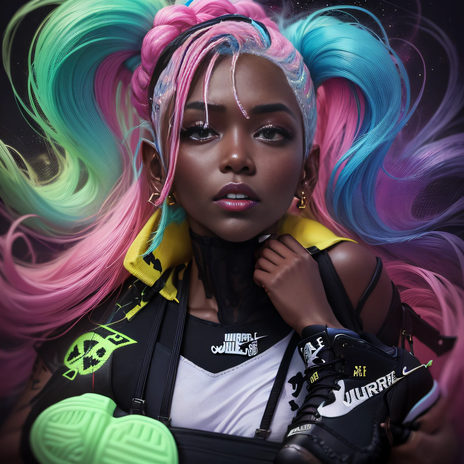 18 year old female with dark skin, Braided 3 different colors neon Pink and Neon Green, contrasting color hair, white overalls, (overall suspenders:1.5), (Retro Air Jordan 11 Taxi sneakers:1.5), seductive look, Bioluminescent, City Girls, looking at camera, chubby, 1girl:1.2, body covered in Diamonds and Jewelry A Centerfold named Shauntice, Mixed Race instagram Biracial Ethnic Caremel skin-Mode:1.2, Streetwear Hypebeast supreme:1.3 \(brand\), words on body:1.1, Instagram Braid Artist instagram Hair stylist (1girl), 2 colored hair, (Nebula smoke behind head and eyes Ethereal:1.2, , Alberto Seveso, fantasy art:1.1, ((Fantasy background)) , long smoke hair:1.2, outdoors, aestheticism), (goosebumps:0.5), subsurface scattering, (masterpiece, top quality, best quality, official art, beautiful and aesthetic:1.2), extreme detailed, colorful, highest detailed