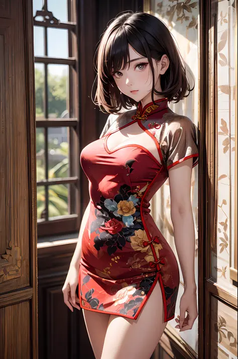 1girl in, (((shorth hair))), Bright cheongsam, Longer dress、(​masterpiece, top-quality, Near and far law), beautiful expression,...