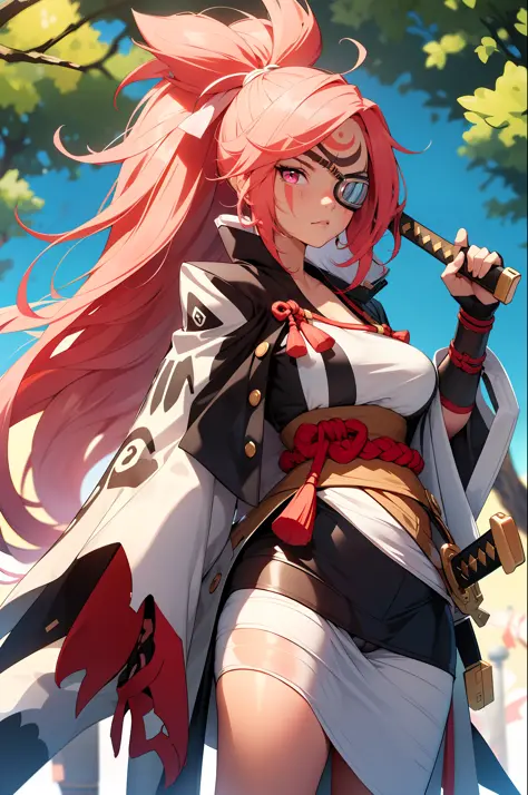 (masterpiece, best quality:1.2), cowboy shot, solo, 1girl, baiken, amputee, serious, ((hold a samurai sword )) closed mouth, loo...