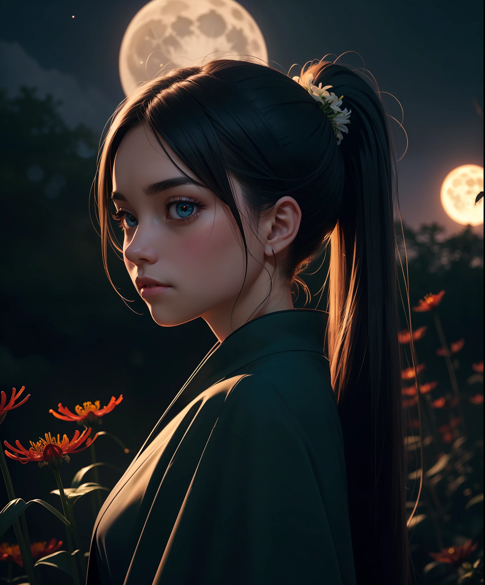 masterpiece, best quality, ((depth of field, cinematic lighting), atmospheric) , extremely detailed scenery, 1girl, long ponytail, kimono, glowing eyes, ghostdom, night, (spider lily), butterfly, full moon, looking at viewer,