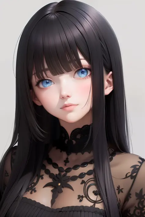 best quality, masterpiece, black hair, blue eyes, looking up, upper body