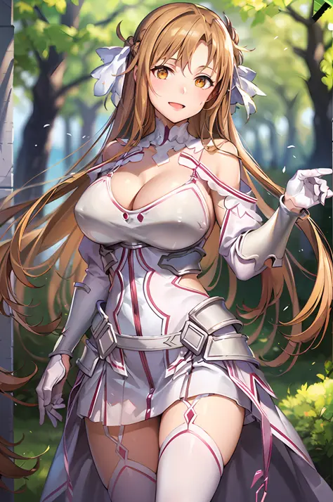 stacia, asuna, asuna_\(sao\), 1girl, (sexy pose:1.2), fantasy, highres,  original, realistic, expressive eyes, (excite), scenery,  close_up, upper_body, (standing on a grass), smiling, solo, (potruding nipple:1.2), long hair, (huge breasts:1.0), looking at...