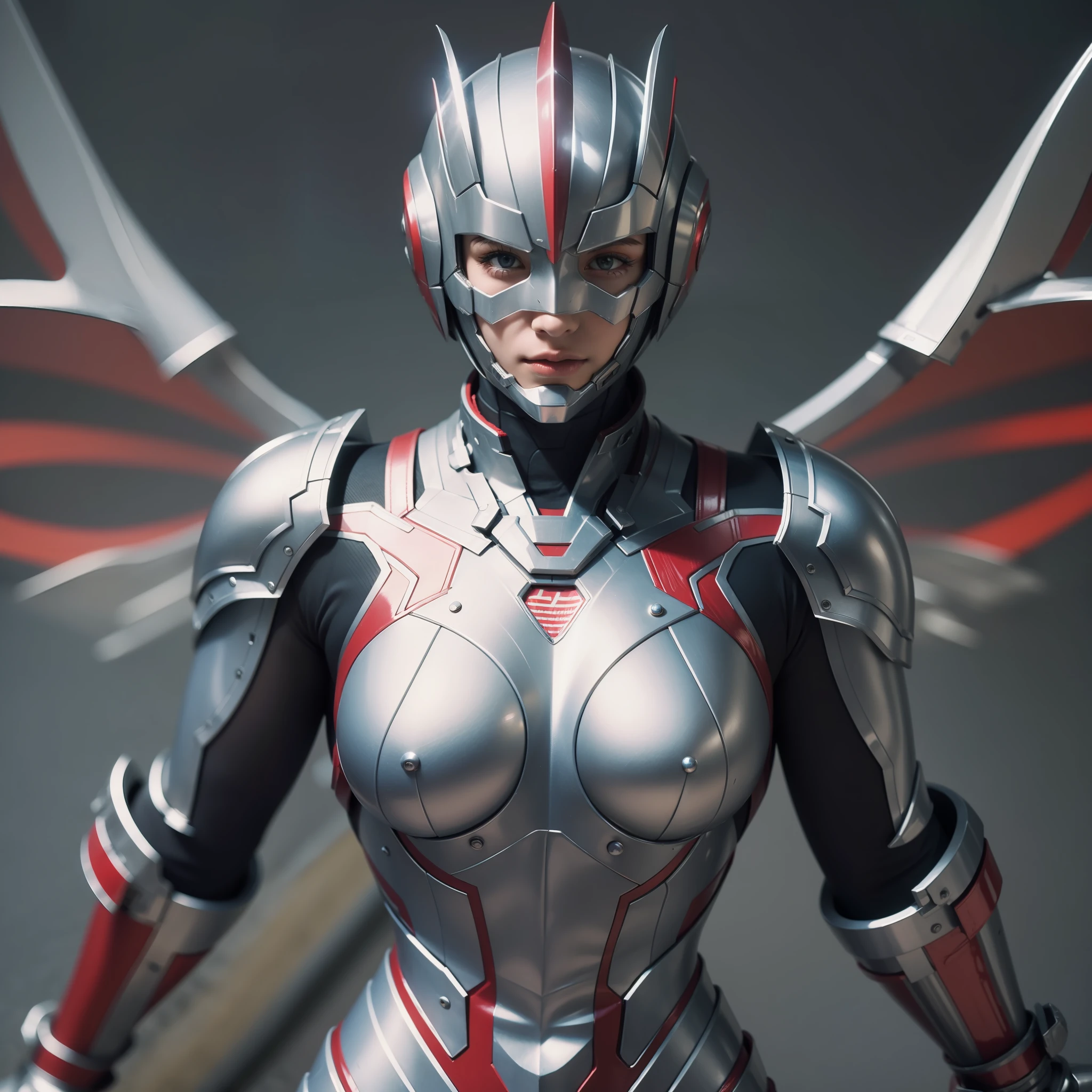 (Best quality), (Masterpiece), Photography, Realistic, (1girl), perfect body, ultraman costume, ultramam, mecha, stand, cool posing, cinematic light